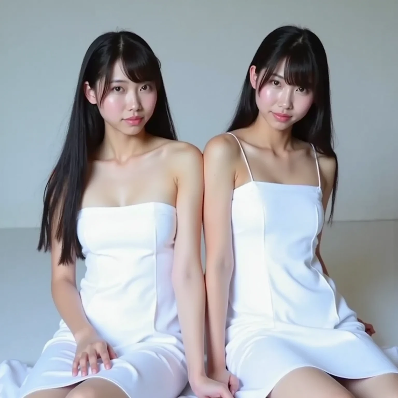 (Two identical twin hair models in the same space, Take a random four-legged pose:2.0) ((Two people taking random poses on all fours:2.0)) (The two are identical clones:1.It is 5, Wearing a random colored camisole) ((The two of them try to show off as much hair as possible, Take the same four-legged pose:1.6)) ((Beautiful 24-year-old hair model with long black hair, girl with super length Hair, extremely length Hair, extra length Hair, very long, Flowing Hair, very length Hair, length Hair girl, very long, Flowing black hair, length Hair windy, Very long black hair, length, Flowing Hair,Incredibly long-lasting hair, length Hair!!!! Her highest quality hair is long and straight., very long, highest quality black hair, length hair in the center, Highest quality long straight hair, length, straight, beautiful, High quality hair, length and free black highest quality straight hair, length Hair, length and straight, highest quality black hair, Perfect silky straight hair of the highest quality, straight, highest quality black hair, length black straight hair, length, Thin black hair Her hair is long and straight, very long black hair, length hair in the center, length straight hair, length, straight, beautiful hair of the highest quality, length Hair, length, straight black hair, length and free straight black hair, straight black hair)) (Her bangs are perfect.:1.3) (Pure white wall background:1.8) (Japan's most sexy and beautiful 18-year-old beauty model) (She looks at the viewer with a very seductive expression...) ((highest quality)), ((masterpiece)), (Familiar) (Get used to it) Perfect Face (Her skin is a typical Japanese skin color....、And very detailed) (Big Breasts:1.3) (She has a beautiful face and a typical Japanese figure...., Narrow eyes) (She has perfect beautiful makeup and face Lipstick is light red A solid eyeliner) ((Rich 1.4)) (Extremely detailed 8K) (Ultra-fine skin texture 1.4) (Actual, Vibrant:1.4), double eyelid Sharp focus:1.2、Beautiful woman:1.4 Dynamic Lighting (Genuine RAW photos taken by professional photographers) Professional Hair Shine. (She has a bright and cheerful face) (((途方もなくlengthBlack hair 1.3))) (length, Shiny black hair, その女性はlengthBlack hairをしている, lengthBlack hair, Waist-length hair, very lengthBlack hair, thick shining black hair, black silky hair, length and shiny hair, lengthBlack hair, length, Flat Hair Ridiculously long hair, Black shiny hair, Very shiny, Abnormally long hair, 厚く輝く異常にlengthBlack hair,Jet black silky hair Her hair is とてもlength and straight length, Voluminous black hair that reaches down to her ankles unusually long black hair, unusually long black hair, Very long black hair) (Her face is slim and dignified.., length, Narrow eyes..々Nice face) (They're both wearing the same white lingerie:1.5)