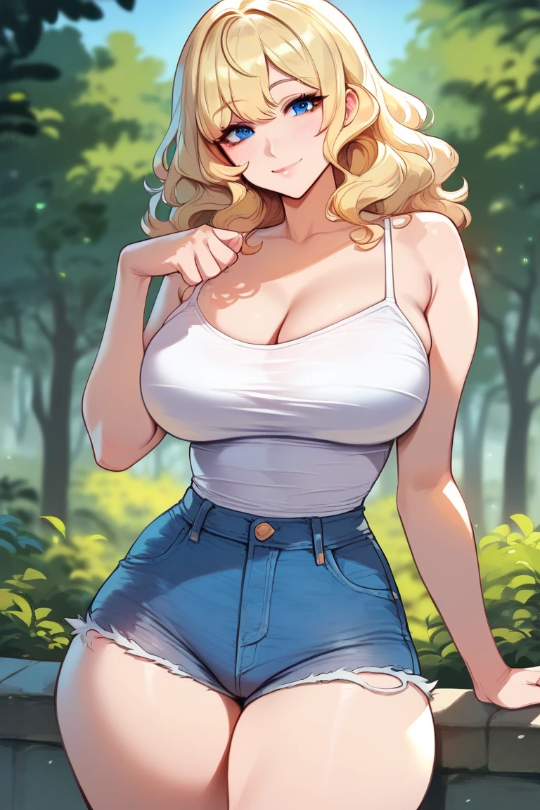 ((masterpiece, best quality, highres, UHD, perfect pixel, depth of field, 4k, RTX, HDR)), 1girl, single, alone, beautiful anime girl, beautiful artstyle, anime character,BREAK, standing with her hands on her waist, hot, big tits, long-haired blonde, with a great smile, cleavage, curvy woman, perfect silhouette, taking care of a wounded animal, BREAK, wearing khaki shorts with wide bags, khaki short-sleeved shirt, with a hat explorer, in a jungle environment.