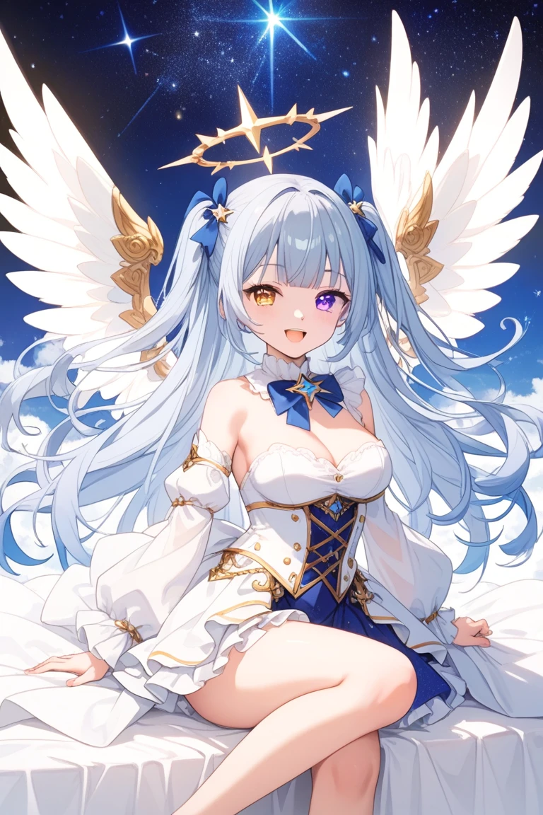 (angel girl:1.2), (1 person:1.2),(10 year old girl)、young girl、big breasts、 nffsw、shader、highly detailed eyes、big breasts、loose and fluffy long hair,、side boob、Glossy cleavage、blue hair、angel wings、silky hair、Angel attire(White thin fabric、plain colors、mini skirt、plain colorsのシルク手袋)、very complex pupil of the eye、highest quality、bright colors、Bust 100、rests、Standing picture of the game、Stirring composition、Composition looking up from below、Lift your with your hands、Pose that emphasizes the chest、fold your arms、grinning expression、eyes half closed、open your mouth、stinky eyes、evil face、Bullish smile、fold your hands behind your back、Hide your hands、evil smile、whole body、美新new、god々new