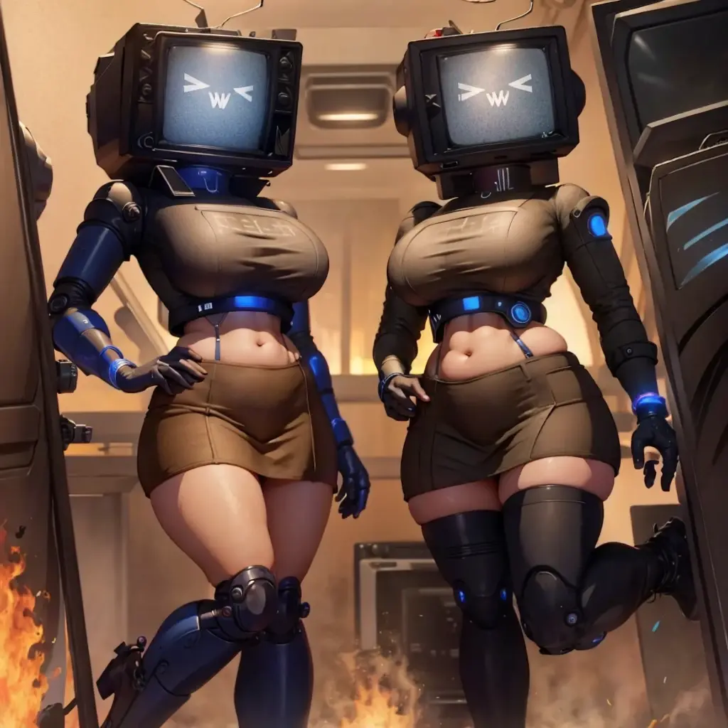 (masterpiece) (high Res), (robot), (Perfect face), (perfect anatomy), robot woman with a television head, in super tight clothes, (office suit), (mini skirt), shirt, tie, blue glowing eyes, huge breast, narrow waist, wide hips, thick thighs, Brown skin, metal body, black high heels, (TV Head), (tv girl), (Television Head)