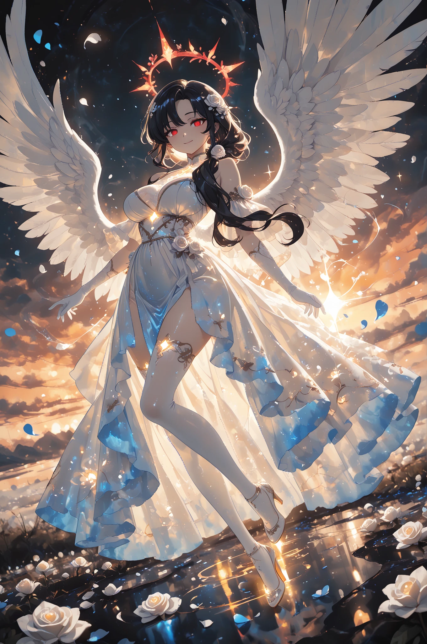 masterpiece, best quality, 1 girl, solo, large breasts, light brown eyes, swept bangs, black hair, double hair buns hair, embarrassed, a beautiful angel with white wings, flying gracefully in a clear blue sky with fluffy white clouds. angel has a serene expression, long hair, and is dressed in a white gown. sunlight shines down, casting a heavenly glow around the angel. (full body:1.2), (arms behind back:1.3), (flying:1.3)