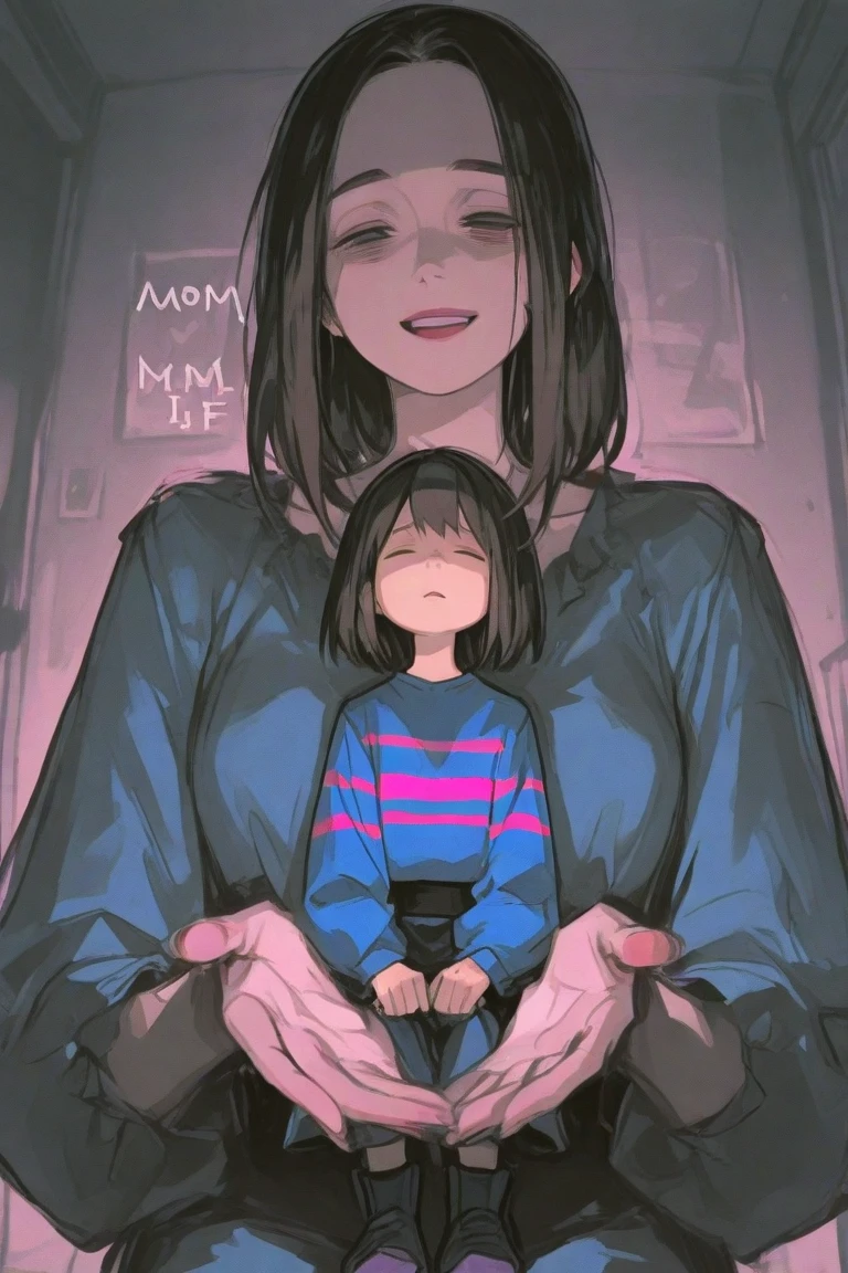 score_6, score_5, score_4, score_9, score_8_up, score_7_up, size difference, age difference, 1girl, huge breasts, cleavage, short hair, black hair, eyes covered with hair, long woolen black sweater, long stockings, shota, smile, playing videogames, couch, tv, woman grab bulge of shota,

