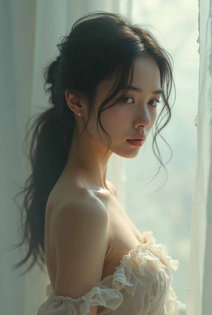 Realistic photographs of ancient China during the Tang Dynasty (1 Cute Korean Star) Flip my hair, Put on some makeup, Large bust size, Naked body without clothes, sexy and arousing, The bedroom in the old hut, Canon EOS's clear face, 16ก, high resolutionolution, sharp and realistic details, overexposure, Cut in, UHD, high resolution, best quality, full body, large breast size, smile.She lay down on the bed, spreading her legs wide to receive the Thai man's object. They passionately kissed each other at the back. The woman opened her lower face to receive the man's private part.