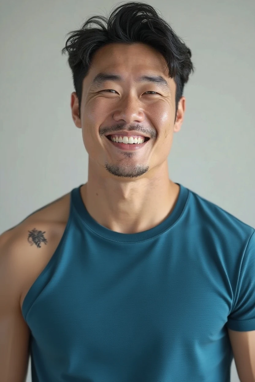  a Korean male CEO in his 40s facing forward with a smiling expression, portraying a vibe commonly seen in product reviews,full-naked 