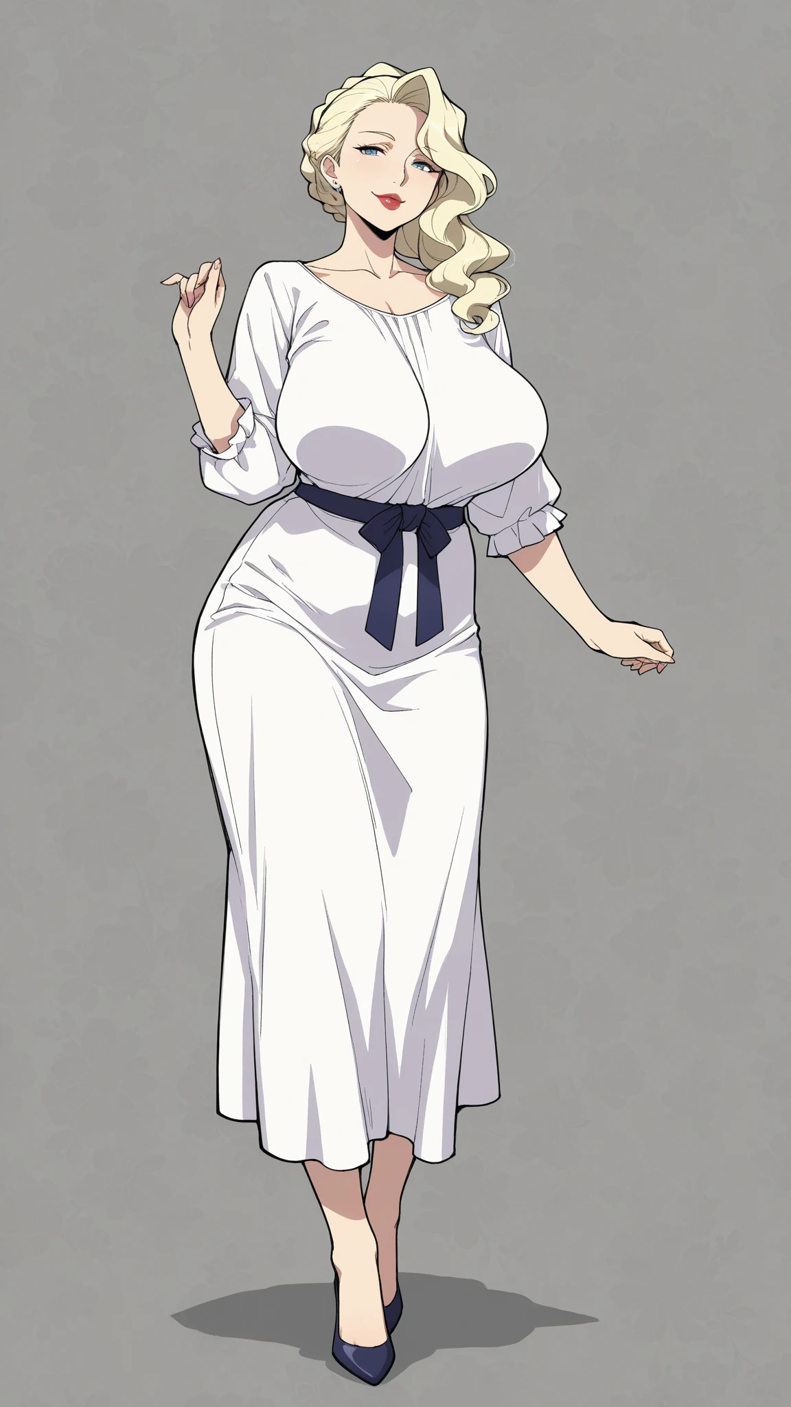 (masterpiece, HI quality: 1.1) 1girl full body standing good face, nice ass, hairstyle: braid, Color Hair: long hair, Blindfolded: NO EYES, Skin: White (porcelain skin, sparkly skin), muscular, thighs, Mature woman, Abs, looks at the viewer smiling, extremely huge breasts, maternal, chest cover with clothes, (huge white pearl necklace)