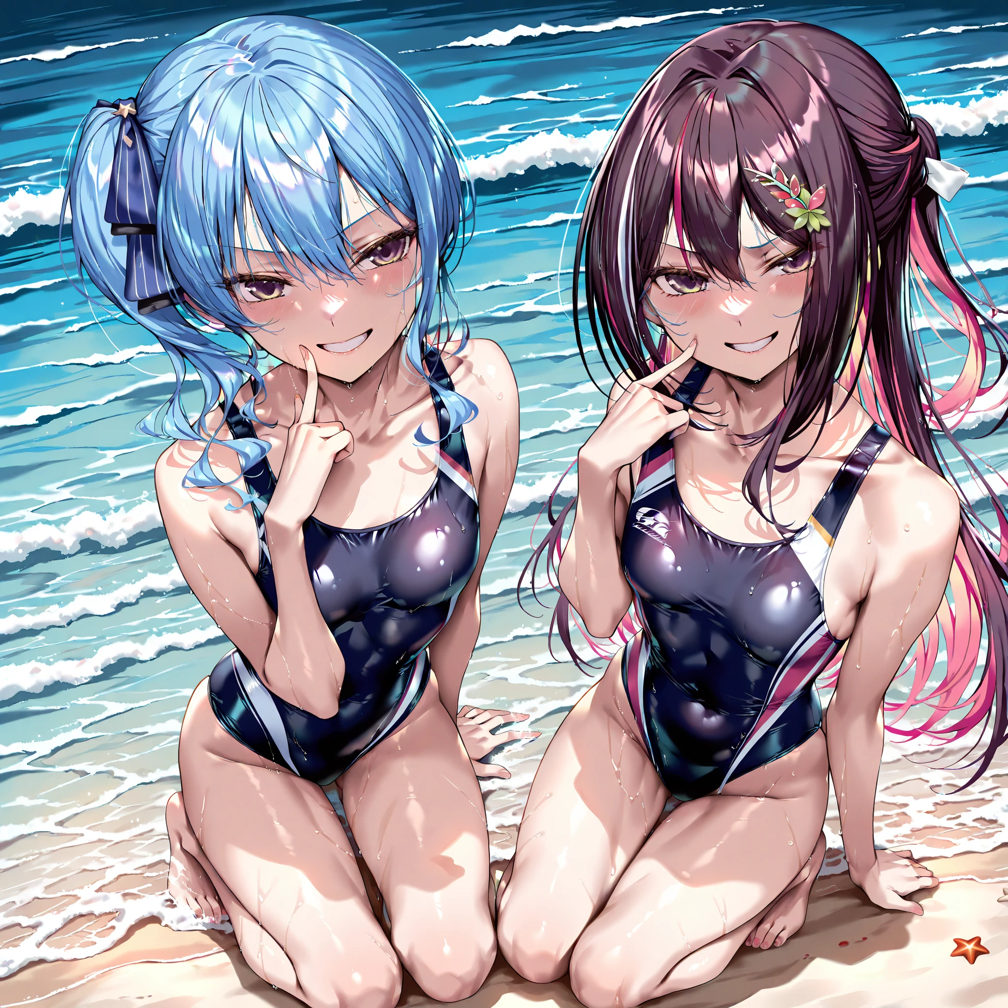(Sky blue hair),(Braided hair tied together)、Pink eyes、Fair skin、(whole body)、(One Girl)、bikini、Shining white sand beach in midsummer、Okinawa's ocean、A happy smile、、(masterpiece、Highest quality、Very detailed、Best Shadow)、(Detailed Background)、(Beautifully detailed face)、High contrast、(Best lighting、Very delicate and beautiful)、((Cinematic Light))、colorful、Hyper Detail、Dramatic Light、Exquisite detail、Jumping and having fun