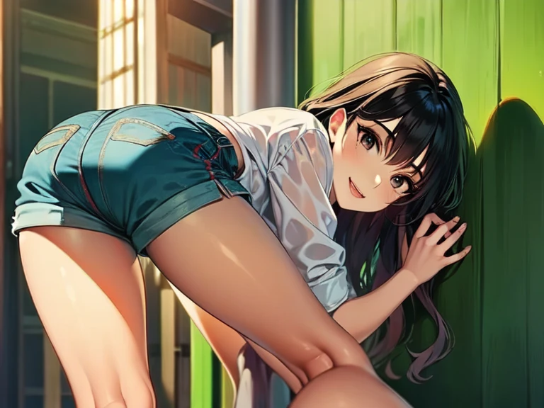 nsfw,vaginal penis,((1man and 1woman,POV,having sex:1.5)),doggystyle,Outdoor、((perfect anatomy,realistic:1.3,RAW Photography:1.3,masterpiece、highest quality、Ultra - High resolution、High resolution、Highly detailed CG、8K)),cowboy shot,1 female,solo,Turn your back to the viewer、High school girl swordsman、18 year old beautiful girl,Japanese,(((beautiful detailed face and eyes:1.3,big gorgeous eyes:1.5,gray eyes,shy,tears,profile))),black hair,long bob hair,(center parted hair,forehead),(medium breasts,slender body,small head:1.3,skinny),((oily skin)),(gleaming skin,shiny skin,sweat:1.5),(White collared shirt、Short sleeve、open clothes,Bare legs、Sheer clothing,vagina,bottomless,ass,anal),standing,spread legs:1.5,arms up,Back Alley、at night、moonlight、Tokyo、