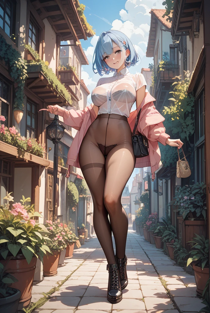 (8K、Highest quality、highest quality、masterpiece)、Detailed face、One girl、ONE boy、Rem from Re:Zero、Light blue hair 、short hair、twintails、blunt bangs、Grey Eyes、、、((Blazer jacket uniform))、((Pleated skirt))、((No panties))、((bent over))、Back Alley Background、Very large breasts、Nipples are visible、、Black Pantyhose、Milk dripping from nipples、Milk spurting from the nipple、、Open your mouth、Troubled face、Love juice from the genitals、Full body portrait、Walking around the city、One man、Hearts in the eyes、sex、vibrator in thighhighs、Pantyhose with holes