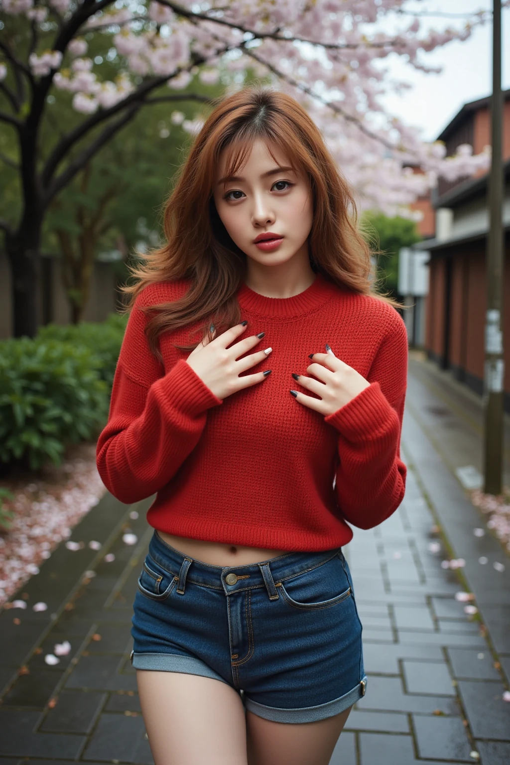 ((red big loose red sweater))、Large breasts、short-hair、(((Dark dark blue cotton panties)))、((1人))、(((Sugamo shopping street)))、((Glamour))、(((Beautuful Women)))、((Doing sexy poses))、((A slight smil))、Photorealsitic、Beautiful detailed eyes、Hyper-Realism、highcontrast、Ultra HD、realistic skin textures、Top image quality、top-quality、超A high resolution、Fine details、Very meticulously