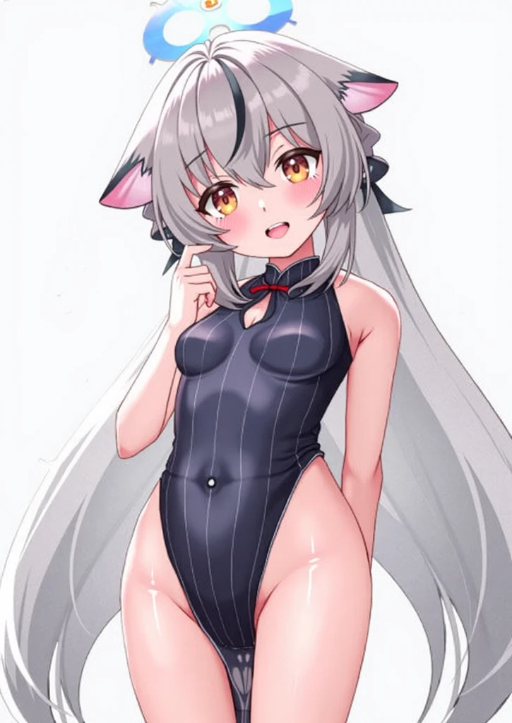 (bunny ears:1.2), (1girl), long hair, (loli:1.4), (white skin, white fur:1.2), (looking at viewer:1.2), blush, (leaning forward:1.3), wavy hair, collarbone, wide hips, black hair, (nude:1.3), (thighhighs, elbow gloves), beach, (smirk:1.3), best quality, masterpiece, absurdres, (shiny skin), ultra-detailed, fine detail, BREAK (hands on hips, spread legs:1.2), nipples,