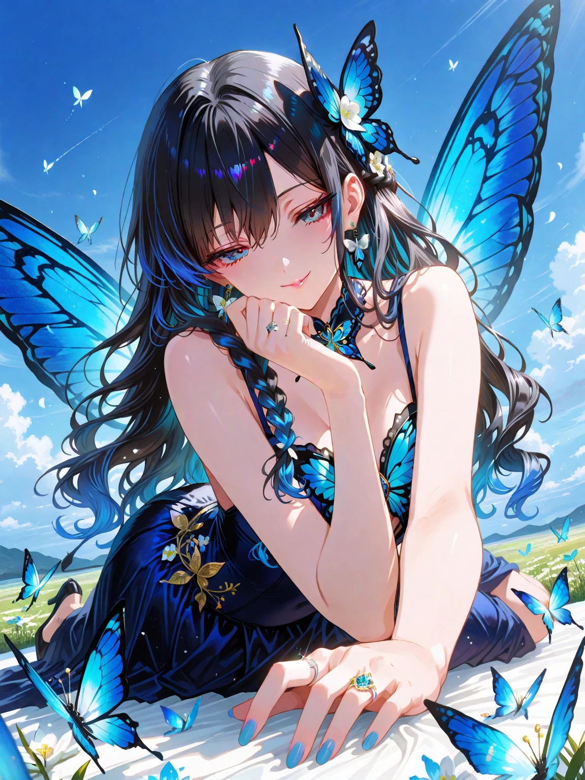 Large butterfly, colorful wings, Background blue sky、Flying high in the sky