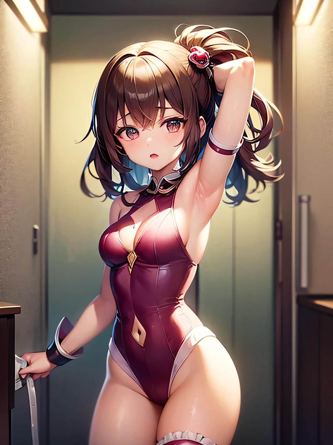 (((masterpiece, Highest quality, High resolution, 超High resolution, Perfect Pixel, Depth of written boundary, 4K, RTTX 10.0))), Beautiful Anime Woman, Beautiful art style, Anime characters, ((Smooth texture, Realistic texture, Anime CG Style)), Perfect and accurate finger count、Exact number of legs、(Exact number of arms:1.0, Exact number of hands:1.0), (Perfect hands, Perfect Anatomy), Cinematic, Realistic, Extremely detailed CG, Daytime lighting, Perfect lighting, Best Shadow, The best natural light, whole body, Perfect body, バランのとれたPerfect body, Perfectly balanced style, Soft body, Slender body, ((bangs, Reddish brown hair, Side Ponytail)), ((A cute adult woman is walking:1.8)), ((Bow tie around neck:1.3), (Sexy and cute white underwear:1.3), (Stylish shiny white satin panties, Side-tie panties, Panties with plain white center and lace decoration on the sides:1.3), (Thin panties with red ribbon:1.3), (White micro lace satin bra, White bra with lace trim, Thin bra with red ribbon:1.3), (lace garter belt, Garter Strings, Knee socks:1.3):1.3), (Beautiful big boobs:1.1), (Embarrassed expression:1.7), blush, (Airport lobby, There are many people in the background々:1.7), naked, In underwear, パンティとブラとガーターベルトとKnee socksだけ, Black high heels, Angle from below the front
