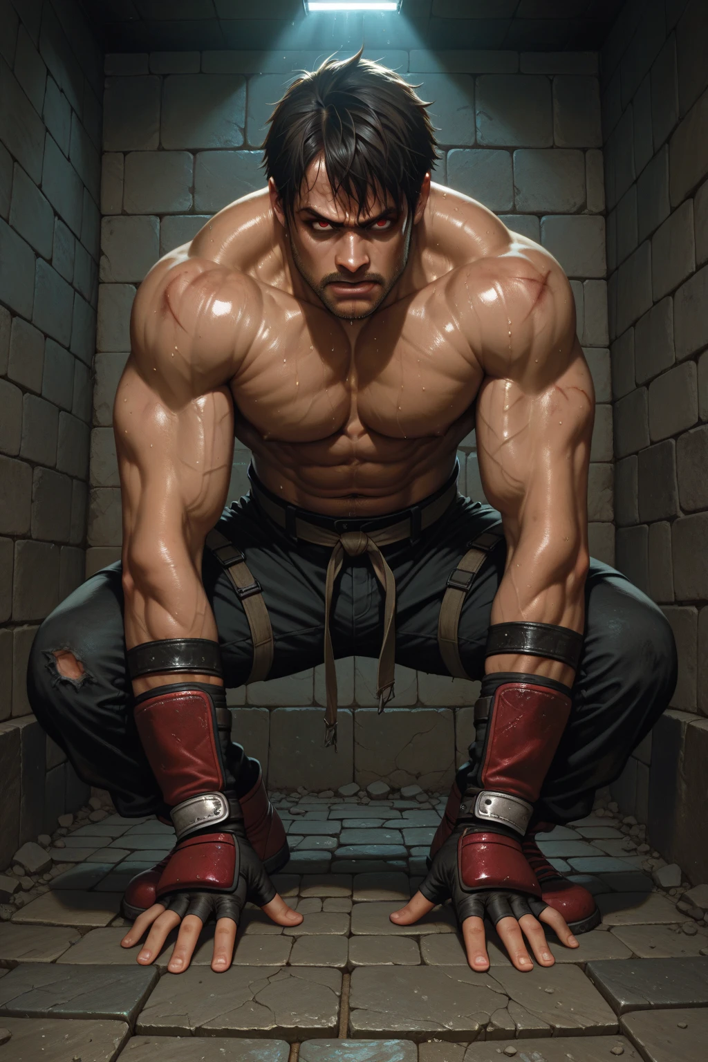 (Manga style),(ultra high quality:1.4),(high resolution:1.5),(masterpiece), deep focus, sharp focus, Dramatic Shadows, Aerial Perspective, Dynamic Angles, (clear lines:1.3), Finely delineated, Hyper Detail, (Perfect Anatomy), (Detailed background), (Beautiful Wet Dark skin), Uncensored, (Panoramic view:1.5, full body:1.3), (nsfw:1.5), {{DARK SOULS}}, {gay porn, homosexual}, ((30 years old Guy is humiliated by a group of dark cell)), group of men, {Male only}, {bondage, BDSM, Guro, ryona, Exposure, Anal expansion}, (anger:1.3), (Beautifully detailed Guy face:1.3), (Detailed eyes:1.3), (Detailed Muscular male body:1.3), (Detailed male lower body:1.3), Detailed penis, Detailed Swollen anus, {Detailed muscle tissue}, Back muscles, {Detailed Hands and fingers}, {Detailed Feet and Legs}, Hairy, Detailed Erect nipples, Iron Collar, Iron Chains, Iron Shackles, Male (Chastity Belt:1.3), (Steam from tcrotch:1.3), (so many cum on body:1.2), (Detailed Cobblestone cell of Cum Pool), (Art by Kojima Shoutarou:1.3)