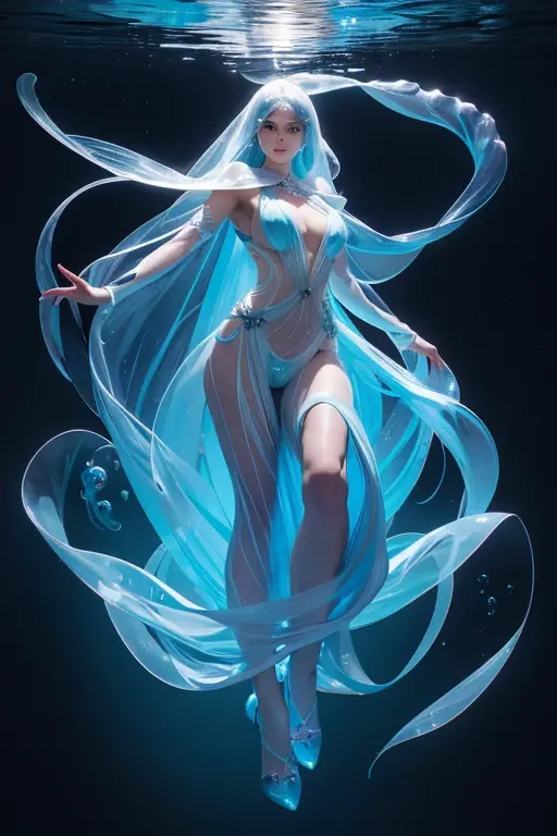 Slime girl, transparent jellyfish fair skin, (nude),  transparent body, ((happy beautiful young face)), on the blue sea, ((RPG)), (Ultra realistic), Ultra detailed, dynamic lighting), (highly detailed cg), (highly detailed shiny oiled skin), (very high resolution), (photorealistic), (high-res), (16k)