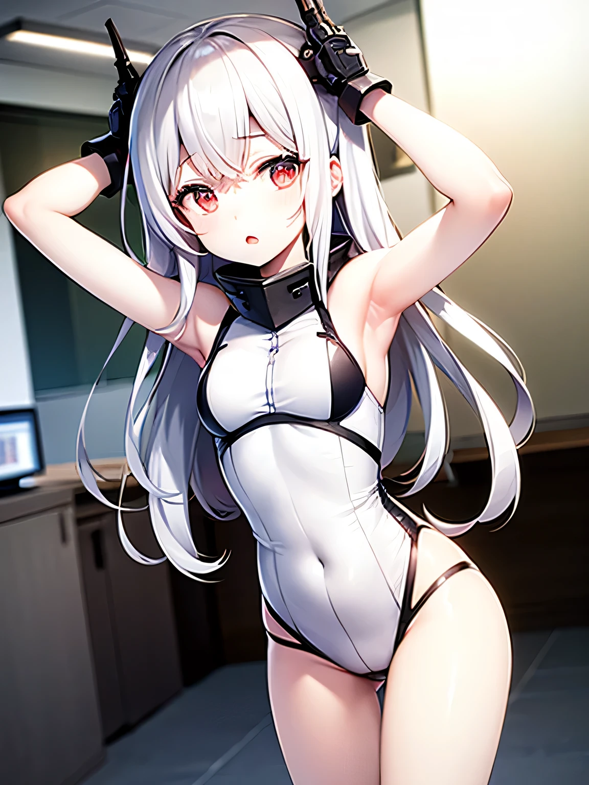 (high resolution), (The best resources), (high quality), (masterpiece), 1 plump girl, Asuna, blue eyes, long gray hair, halo, hair covering one eye, very long hair, light brown hair, (, Cracked Contrast Glue High Socks, Red latex, praying hands logo, looking at the audience, 8K HD RTX, Delicate finger detailing,Obscenity exposed,slim figure,Smile