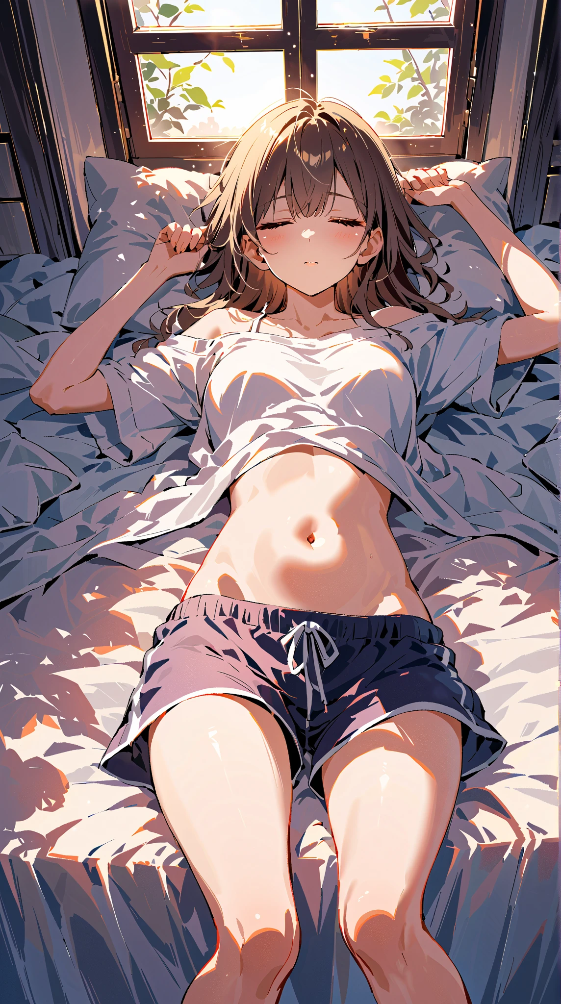 extremely detailed wallpaper,sharp focus,soft light,beautiful eyes,perfect anatomy,higher,super detailed,professional lighting,depth of field,detailed beauty face,perfect limbs,highest quality,high resolution,elementary school student,140cm hig,short stature,((small breast)),((black eyes)),girl body,((embarrassing)),from above,whole body,(lying on bed,sleeping),short pants,tank top,(closed eyes:1.2),open mouth