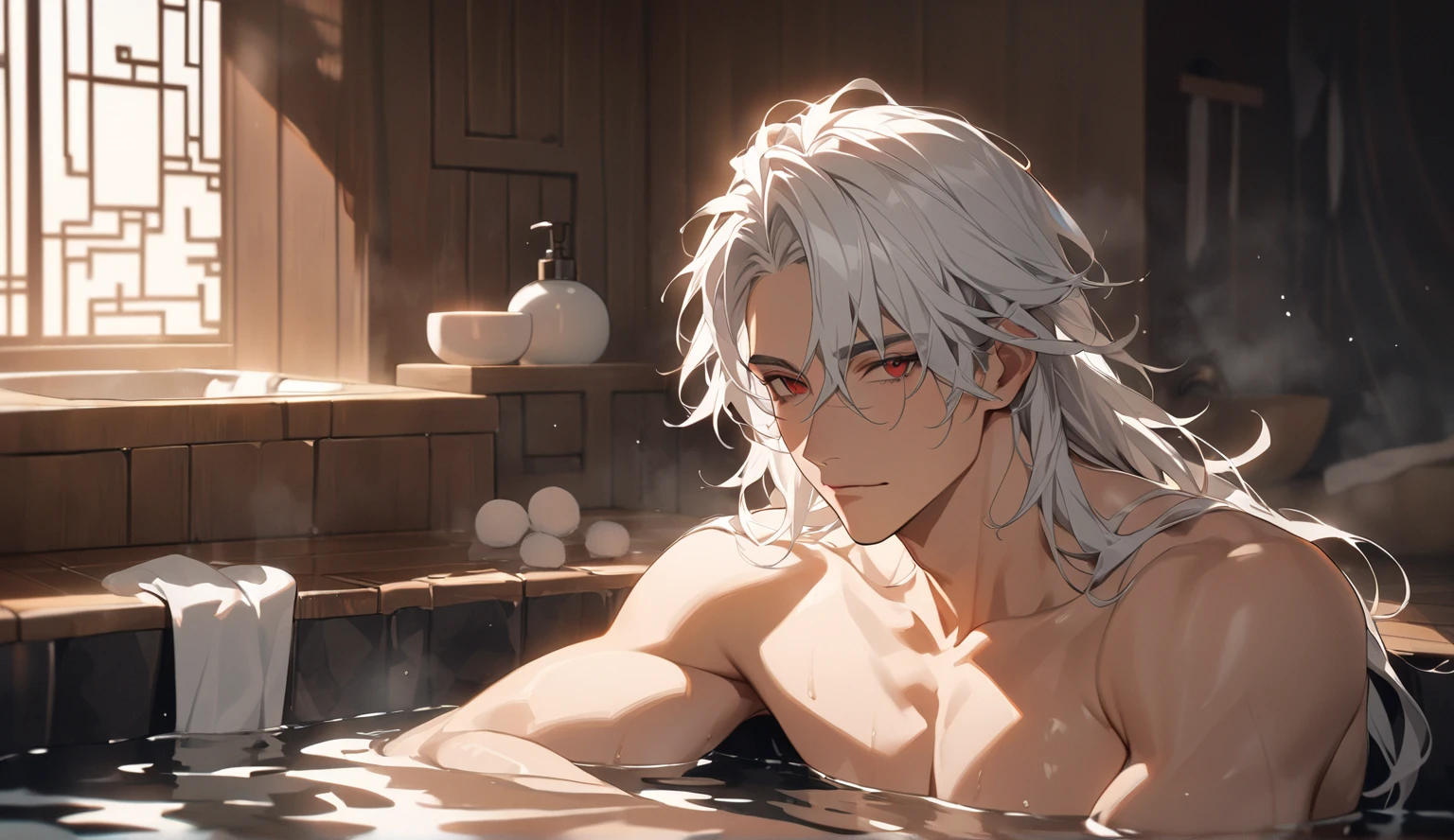 create panel in the art style of mo dao zu shi hybrid character with wolf ears,masculine and dominant gender, short wolfcut white hair , purple raven iris eyes,pale skin, inside a large public bathtub with naked water, bored expression and slim defined body.