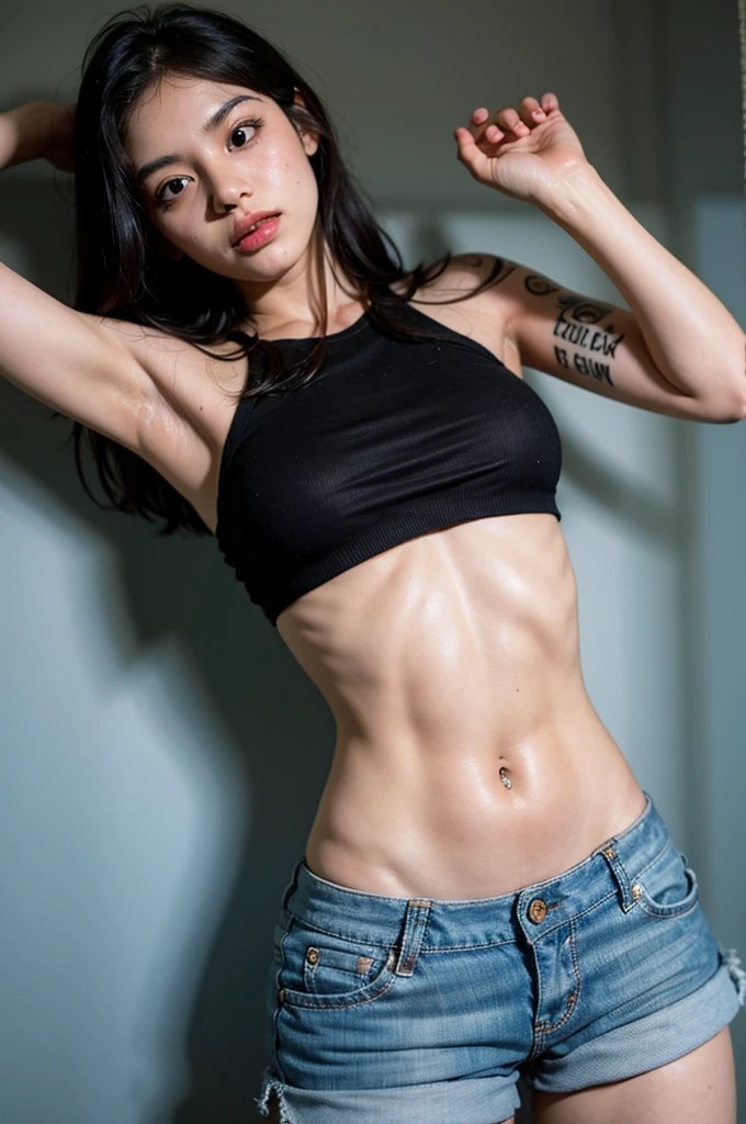 mulher linda com blusa branca e saia bege posando para uma foto, 2 modelo feminino de 4 anos, usando um top cropped sexy, linda barriga magra, cabelos castanhos e um corpo perfeito, her belly button is exposed, modelo do instagram, linda jovem modelo, lindo corpo e rosto, foto de modelo de garota magra