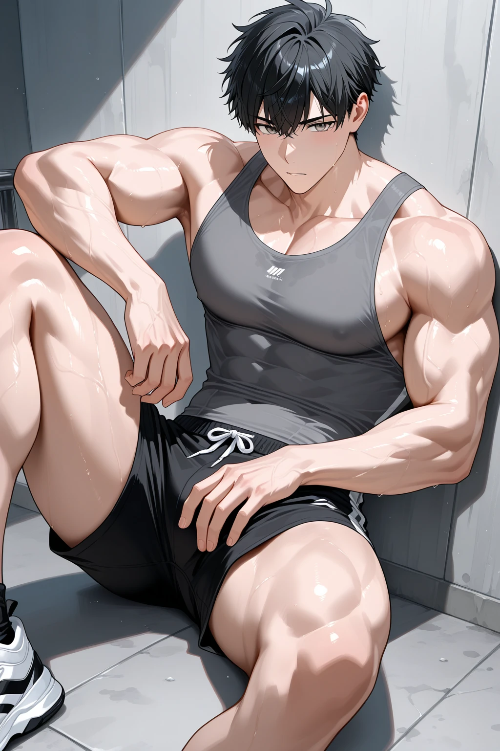 Jean is sitting and flexing his buff biceps and thighs. He wears black short boxershorts. You can see his thighs. He is shirtless. He is showing his abs too. He is admiring his arms.