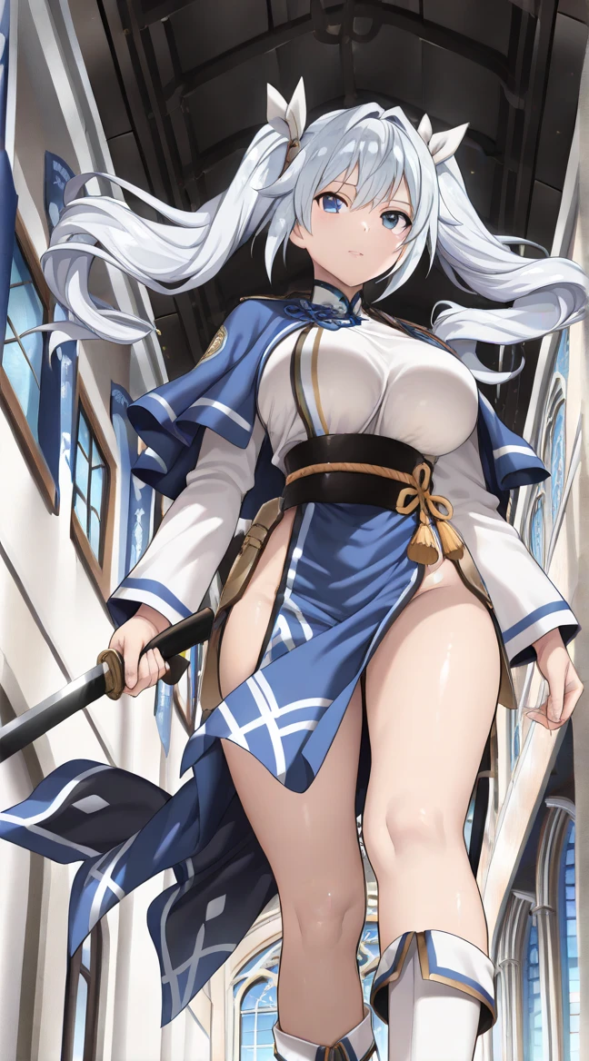 masterpiece, ultra detailed, 8k portrait, RAW photo, portrait photography, highly detailed face, beautiful and meticulous eyes, ((Fantasy)), Young beautiful, 22 years old, dynamic pose, (((expressionless))), (((Long Straight silver hair))), (((one side braided with orange hair ribbon))), blunt bangs, White skin color, ((silver tiara)), Luxury, (((silver Silk Long Cloak))), (((Gorgeous Deep blue long robe))), leather corset, (((dark thigh high tights))), high cut leather boots, ((lift up long magical staff)), Midday Sun, hyper realistic, Body model, Small breasts, Beautiful breasts, Long legs, in the castle, Ambient lighting, Shadow details , Camera focus on thigh, strong breeze, Light fog