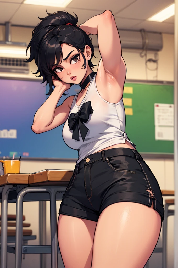 (masterpiece, best quality;1.3),extremely beautiful detailed anime face and eyes,extremely detailed illustrations,1girl, solo, 18-year-old、((日本のAcademy服姿:1.5))、(sweat,sweaty and wet clothes、Collared short sleeve white shirt、white crop shirt、showing off her wet white panties:1.2、camel toe,purple tie、Navel is visible,navy pleated mini skirt,detailed skin, dark skin,oily skin,smaller head、ideal ratio body proportions,slender body,medium breast,cowboy shot, shy look、 nadia,short cut hair,dark purple hair,(standing split:1.4),hold one's legs with one's hands、sadamoto yoshiyuki,storehouse、Dim interior lighting、Academy、