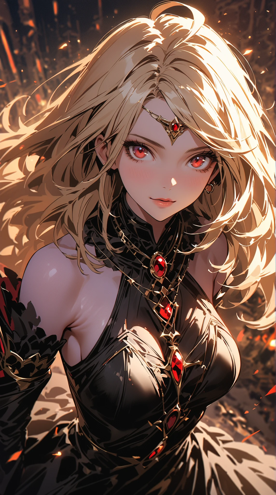 masterpiece, best quality, 1girl, portrait, swirls of light, darkness, heavens rays, ornate robe, breasts, green eyes, flames, horizon, 8k wallpaper