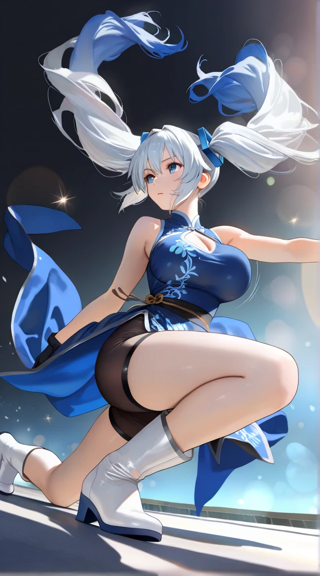 (masterpiece),(Highest quality),(Super detailed),(Best illustrations),(so beautiful), so beautiful長い脚, Thighs, Silver Hair, Red eyes, Very long hair, High Ponytail, blue dress, china dress, Side slits, holding weapon, huge_sword, slashing,