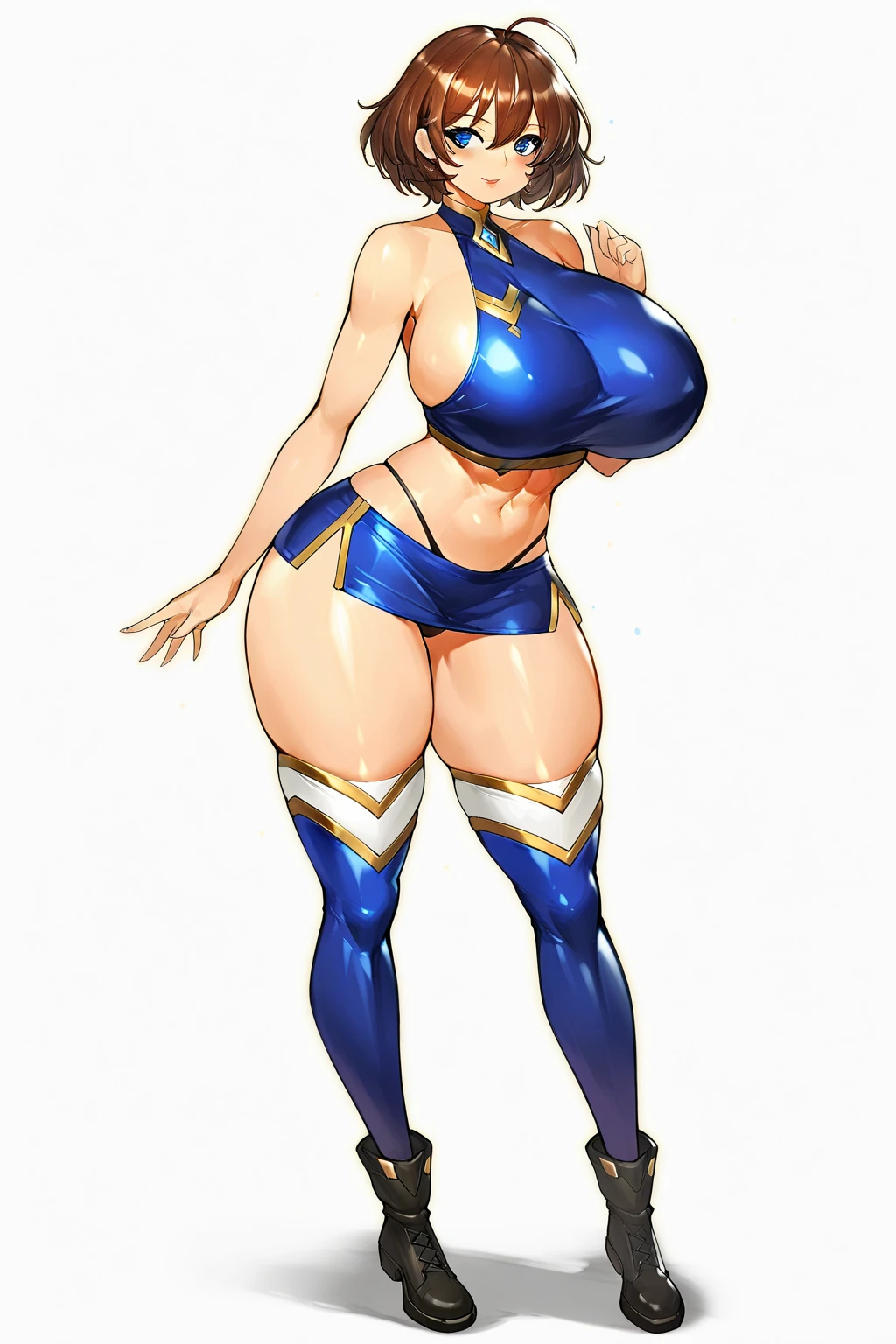 1980's, giantess, female, living inflatable, inflating 500 ft tall stocking_anarchy, makeup, extra long hair, earrings, halo, (American Football blue and gold uniform), (padded football pants with open fly), (blue and gold football cleats), (huge breast expansion), (muscle inflation:0.9), (hyper muscular legs), (hyper muscle:1.5), (blow bubble gum), pleasurable look on face, outdoor female football stadium