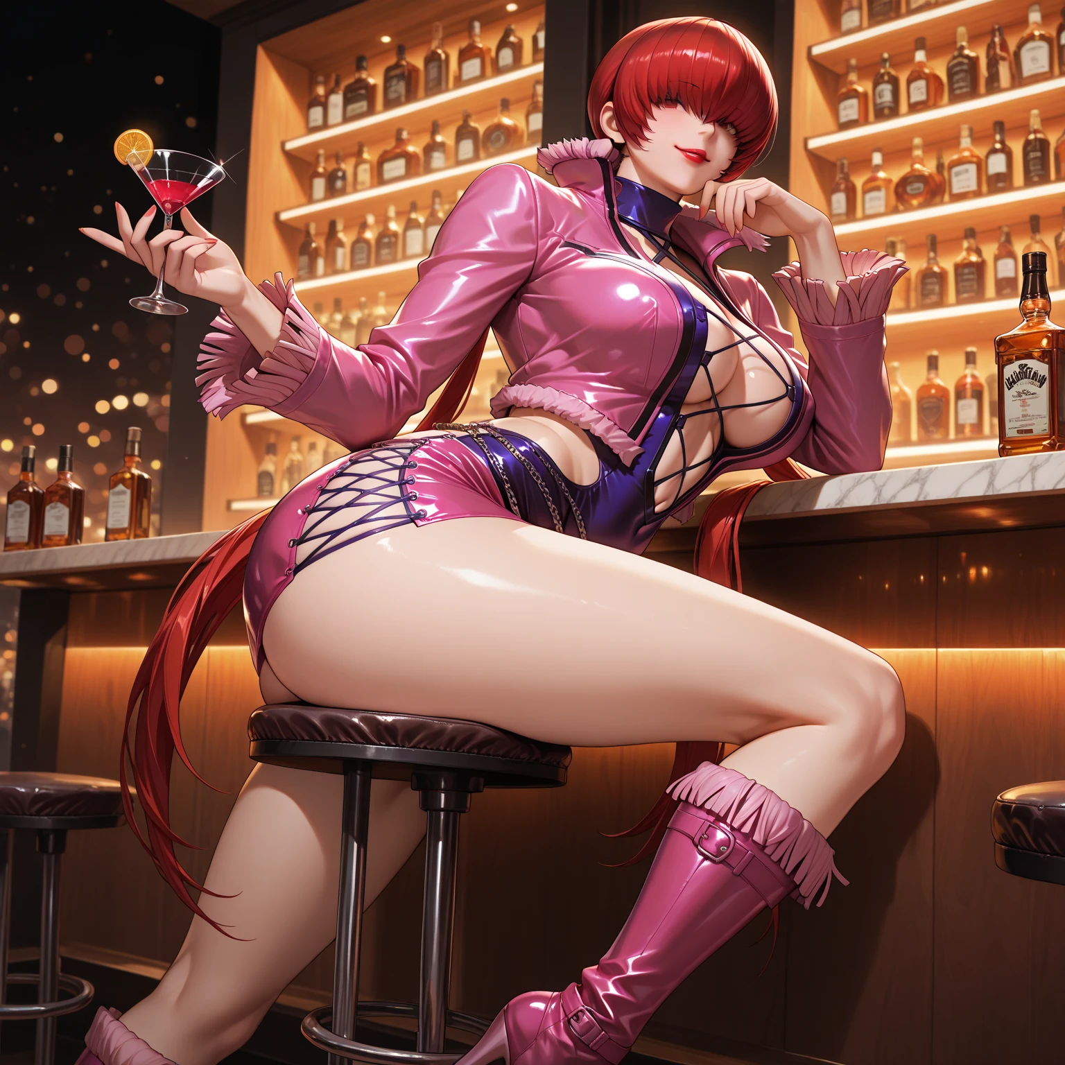 (at night), in a video game scene a background a beautiful city at night raining, alone, alone, standing at attention, pink suit, pink jacket, choker, neckline, cut of clothes, earrings, has long bangs on the hair covering the eyes ((hair over the eyes)), 1 girl, 20 years old, young woman, perfect hands, beautiful fingers, beautiful long legs, beautiful body, beautiful nose, beautiful character design, perfect face, looking at the spectator with serious gesture, is on a phone call with his cell phone in hand (focusing on his face), closed mouth, Light_Smile, official art, extremely detailed CG unity 8k wallpaper, perfect lighting, bright and colorful front lighting, skin glossy (masterpiece: 1.0), (best_quality: 1.0), ultra high resolution, 4K, ultra detailed photography, 8K, HDR, high resolution, nonsense:1.2, Kodak portra 400, film grain, blurred background, bokeh:1.2, lens flare, (vibrant_color:1.2), professional photography, (Beautiful, breasts: 1.4), (beautiful_face: 1.5), (narrow waist),

