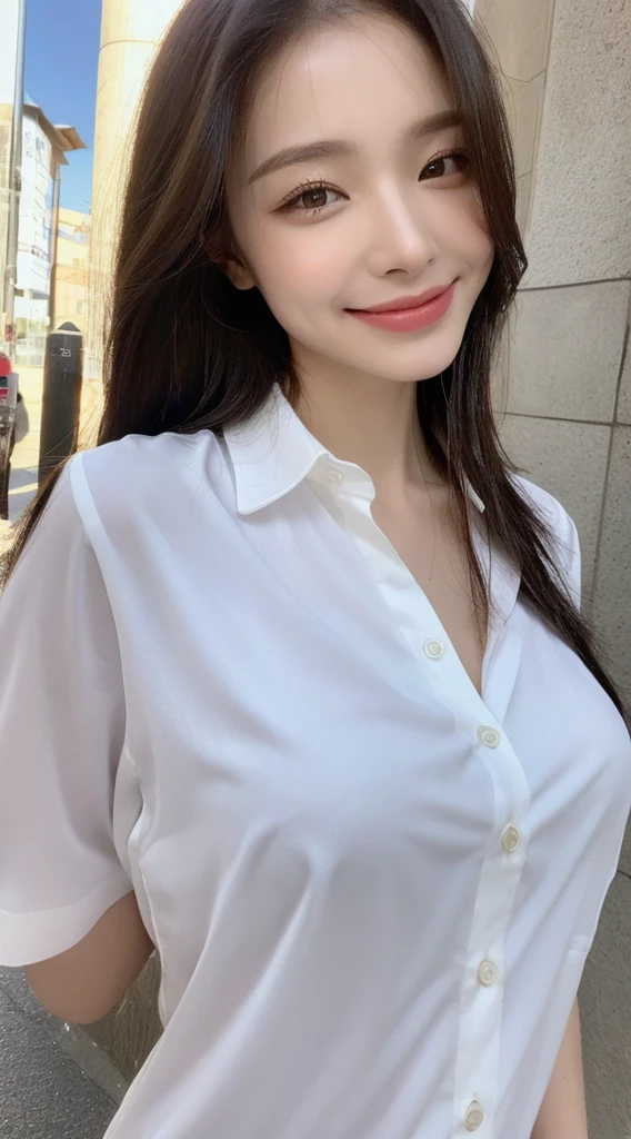 ((Top Quality, 8K, Masterpiece: 1.3)), Sharp Focus: 1.2, Beautiful Women with Perfect Figure: 1.4, Slim Abs: 1.2, (Layered Hairstyles: 1.2)), (Wet White Button Long Shirt: 1.3), Rain: 1.3, Street: 1.2, Wet Body: 1.3, Highly Detailed Face and Skin Texture, Detailed Eyes, Double Eyelids, Big, Smile,