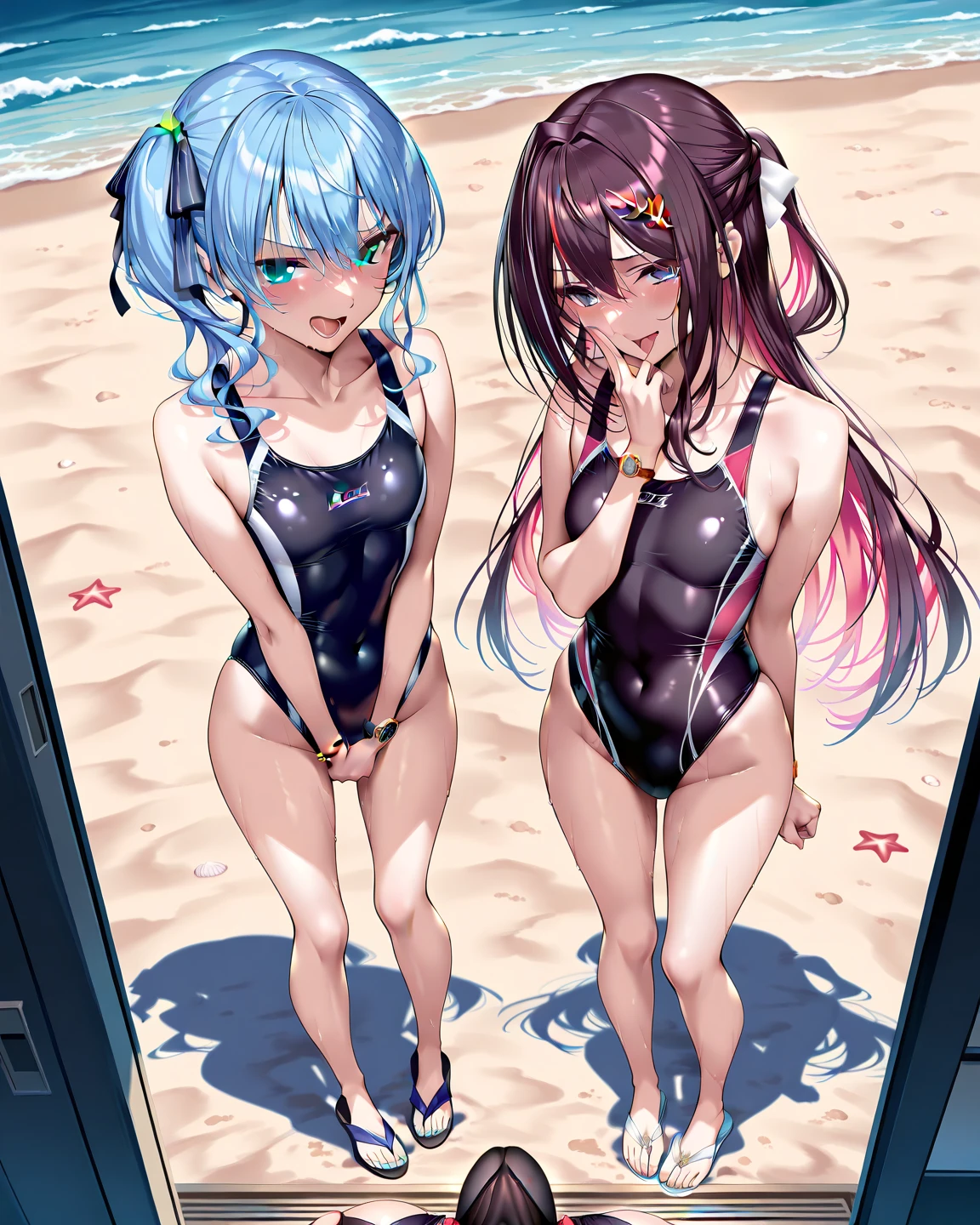 Small breasts、Swimwear、Twin tails、Glasses