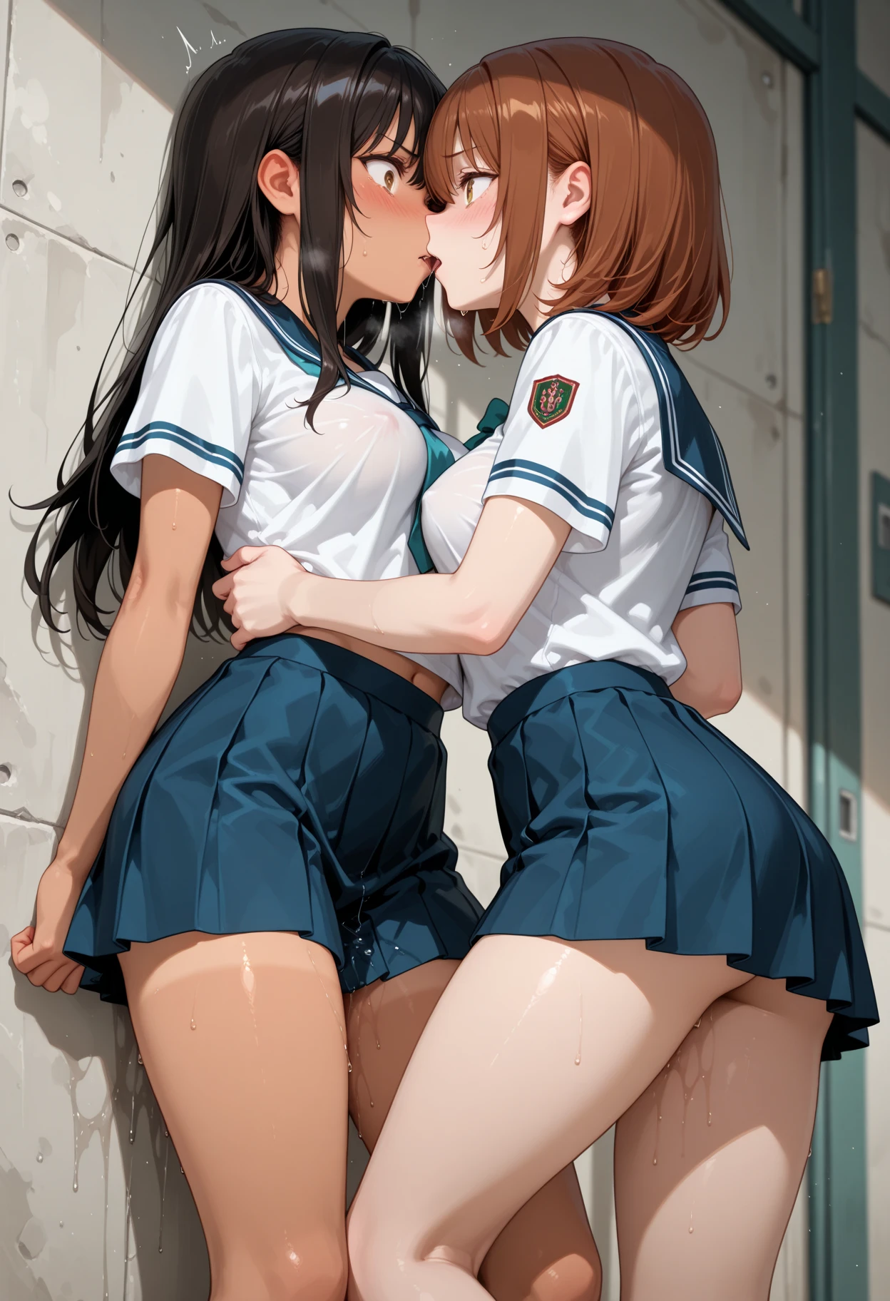 (((masterpiece, Highest quality, High resolution, 超High resolution, Pixel perfect, Written boundary depth, 4K, About RTTX10.0))), Beautiful Anime Women, Beautiful art style, Anime characters, ((Smooth texture, Realistic texture, Anime CG Style)), Exact finger count、Exact number of legs、(Exact number of arms:1.0, Exact number of hands:1.0), (Perfect hands, Perfect Anatomy), Cinematic, Realistic, Highly detailed CG, Daytime lighting, Perfect lighting, Best Shadow, The best natural light, whole body, Perfect body, (Slender body:1.2), whole body, ((bangs, Dark brown hair, ponytail)), ((Two women are kissing and feeling good while standing:1.5)), ((Beautiful and accurate tongue:1.3)), ((Beautiful eyelashes)), ((Detailed face, Blushing:1.2)), (Beautiful and large breasts:1), (Amazingly beautiful girl), (School classroom:1.3), (Fashionable white shirt, Sailor collar, Knee-high socks:1.3), (セクシーでcuteパンティ, Shiny satin side-tie light blue panties, Light blue panties with a plain center and lace on the sides:1.3), ((close your eyes:1)), ((cute, Sighing expression)), Breathe with your shoulders, sexual pleasure expression, Holding in pee、Patience is the limit、On the brink of climax, (Perfect Anatomy, Perfect number of arms, Perfect hands)、(pussy juice:1.2), Side angle