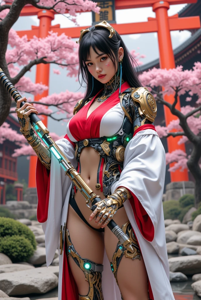 cyborg, android, girl, beautiful girl, cute, sexy, strong, slender, delicate, smile, bikini, high leg, loincloth, metallic, ultra-colored, arabesque pattern, headgear, oiran , near future