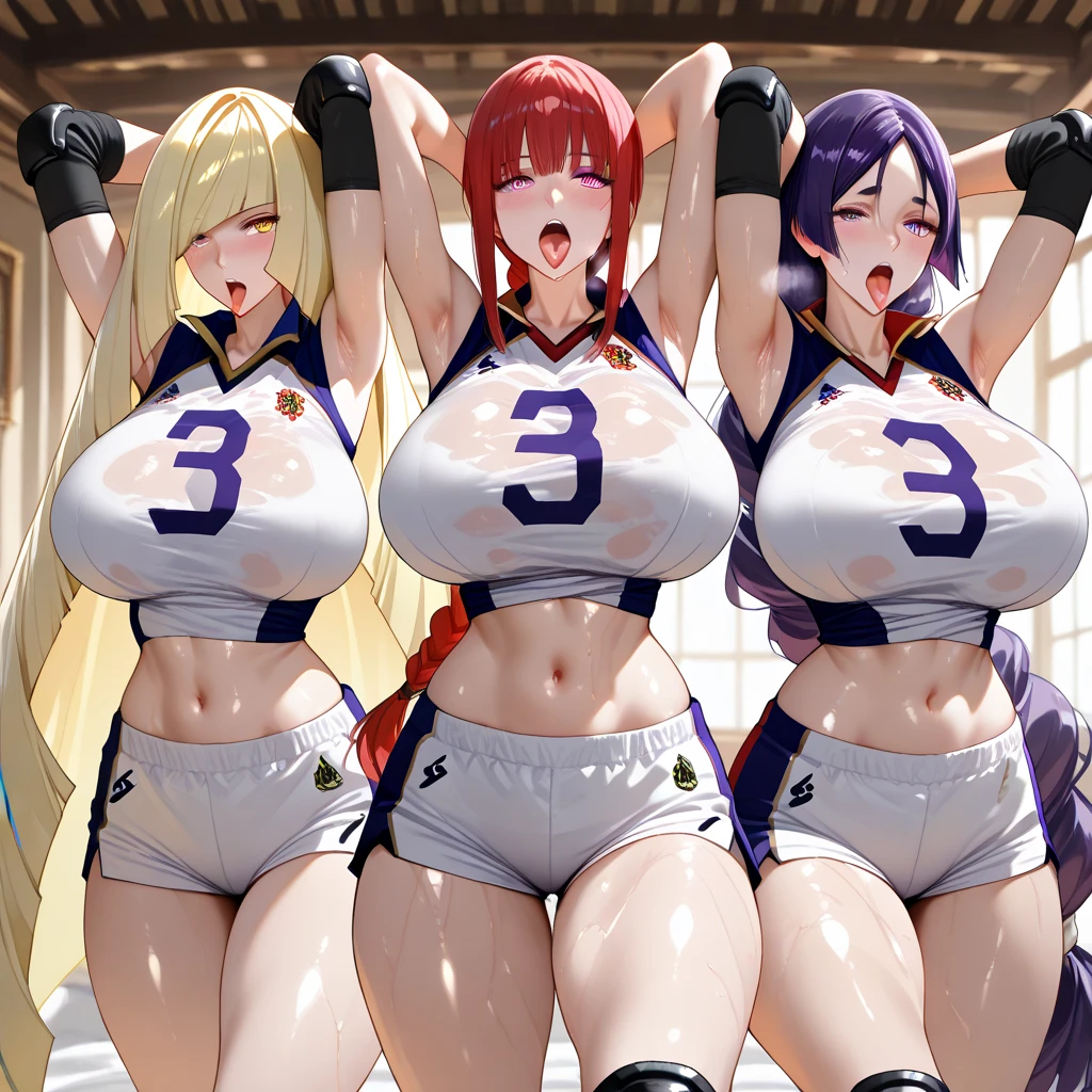 masterpiece, best quality, highres, 3girls, long hair, leggins, fitness, looking at viewer, outdoors, smile, muscular, abs, huge tits, cleavage, big butt, topless, armor