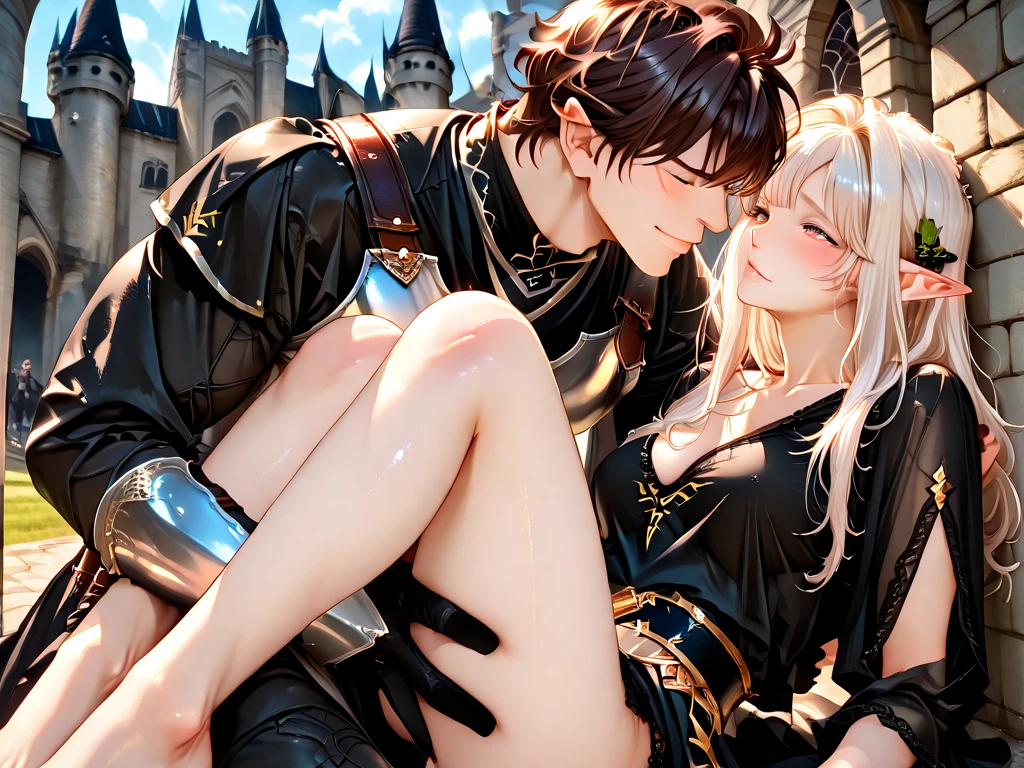 比類のないmasterpiece, Ultra-realistic 8k CG, perfect artwork, ((perfect woman image)), mature woman, thin waist, attractive, clean, beautiful face, {very delicate and beautiful girl} , 8k wallpaper, {{{masterpiece}} }, (1 girl、1 black male), lips, lipstick, long hair, look at the audience, compensate, lips, red lips, simple background, alone、(shiny skin)、((blowjob)),((Side view))、((penis))、((golden hair))、((long hair))、((ponytail))、((White tight wear))、((black cloak))、((Jean))、((genshin impact))