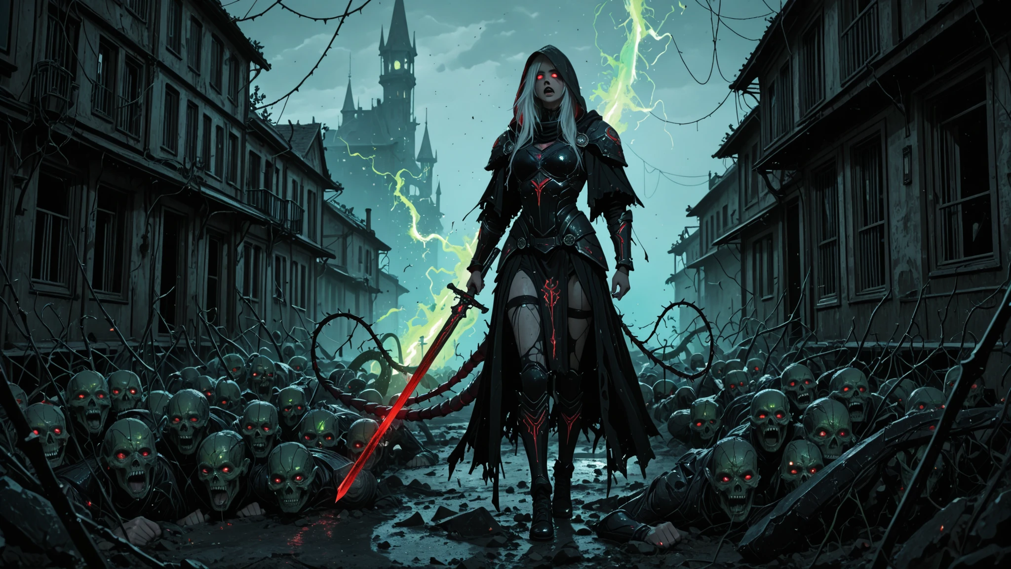 masterpiece, best quality, amazing quality, very aesthetic, high resolution, ultra-detailed, absurdres, newest, scenery, semi realism, a futuristic cyberpunk girl with white hair, Dark fantasy portrait of a sinister Drukhari elven assasin in corrupted armor, standing amid a cursed, war-torn alien wasteland. Her skin is deathly pale gray, almost ashen, veined with faintly glowing black sigils. Her blood-red eyes burn with ancient cruelty beneath a spiked black hood. Long silver-white hair, windswept and tangled with ritual threads and bone trinkets. Her form-fitting obsidian armor is adorned with occult runes, sacrificial thorns, and wicked blade ornaments. She grips a short elven sword, drenched in shadow energy. Behind her: the shattered remnants of tortured souls, screaming faces frozen in soulstone. Faint green and violet glows seep from a cracked alien sky. The entire scene is steeped in despair, beauty twisted into horror. Cinematic lighting, heavy shadows, grimdark tones, photorealistic, masterpiece, 8k concept art, hyperdetailed, atmospheric, trending on ArtStation, fight with monster, battle against manticore