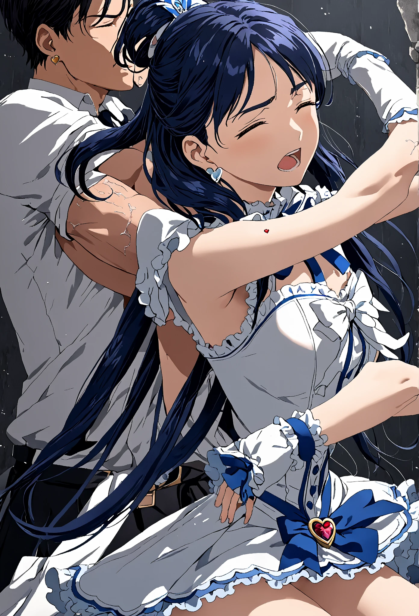 (Suffering from being held by a muscular man:1.5)、Cure White,hair ribbon,Chest ribbon, mini skirt, white choker, thigh straps, elbow gloves, detailed hair and outfit, long flowing blue hair, white and blue frilly dress, white gloves and boots, blushing, feeling pain, suffering from arm being bitten by enemy, dynamic and intense scene, background with sound waves, eyes closed, masterpiece, best quality, highly detailed background, perfect lighting, (beautiful, best quality: 1.1), masterpiece, perfect eyes, (beautiful), (erotic: 1.2)