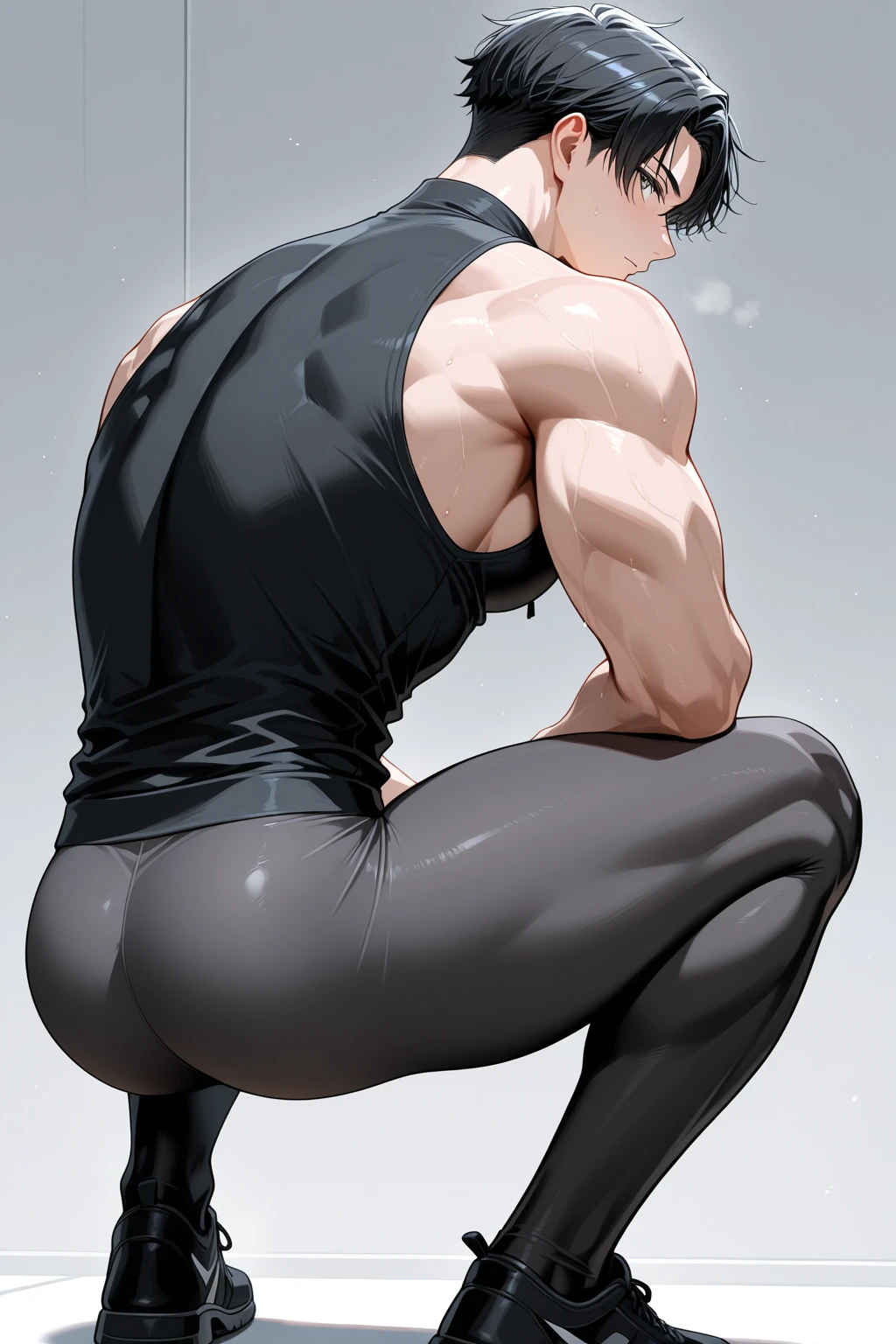 sad frown muscular girl black hair yellow eyes pale skin breasts full body squatting from behind big ass