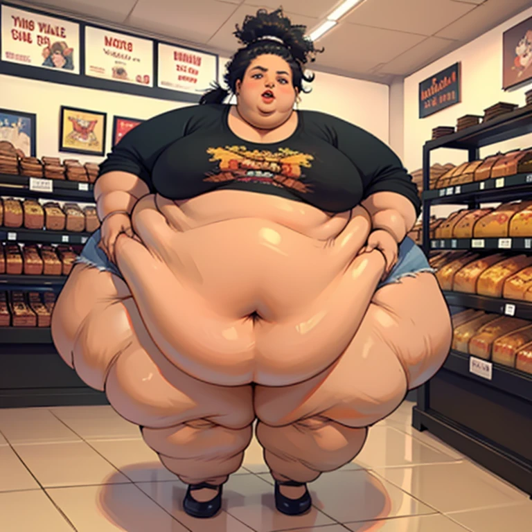 (Masterpiece, detailed, realistic:1.2), young black woman, (morbidly obese, fatblob, immobile:1.4), (detailed, beautiful face), fast food worker, pleased, satisfied