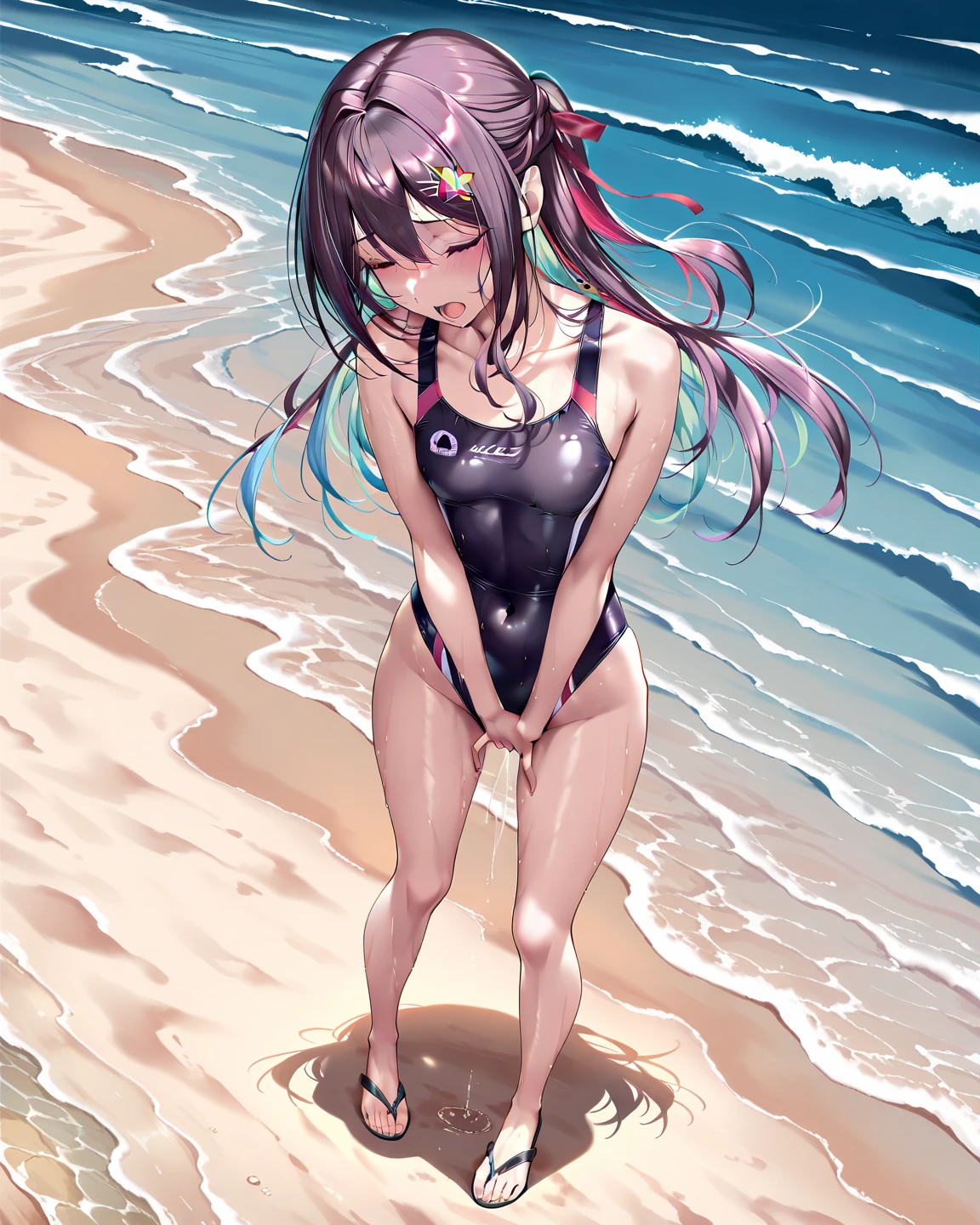 School Swimsuit,,Blushing、Black Hair、Side Ponytail、Pale purple eyes、Head to toe full body、Blushing、Embarrassed look、Composition from the front、A view from slightly below、school swimwear、Acme Face、Random pose、, 、nsfw、Highest quality、1 girl、solo、Ocean、Sandy Beach、Sexy pose、Random pose、Blushing、Wet、Embarrassed、I can see half of my 、、One piece swimsuit、(Strap slip:1.3)、School Swimsuit