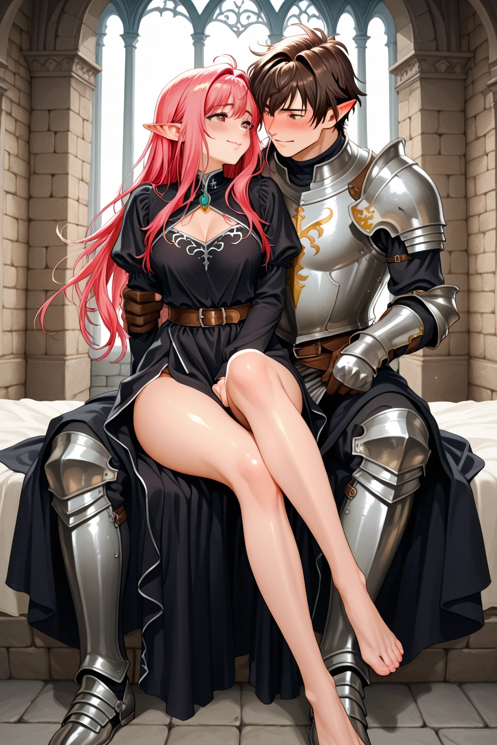 score_9, score_8_up, score_7_up,cowboy shot, MaleniaDef, helmet, covered eyes, single mechanical arm, prosthesis, naked, nipples, sex, simple brown background , on a bed, sex, cowgirl position sex, she is straddling and fucking a faceless male, male is cropped out, his hands on her thighs, impact lines, she is dominating male, side view