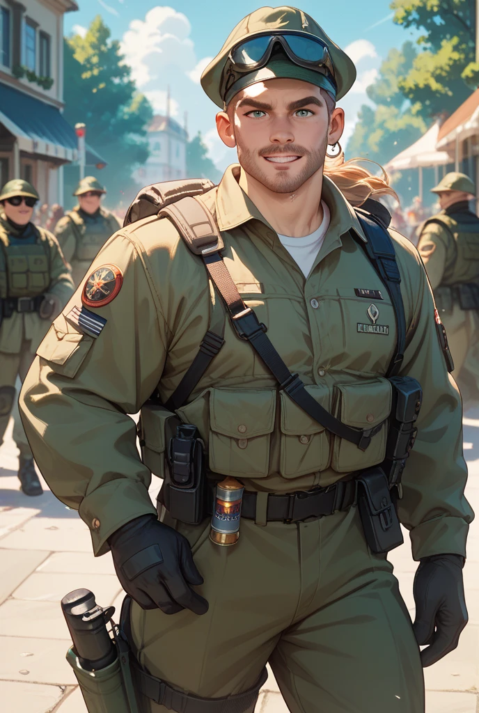 1boy, older, ((solo)), short brown hair, brown beard, camo shirt, cargo pants, (smirk), (smug), military base, day time, ((full body portrait)), (((safe for work)))