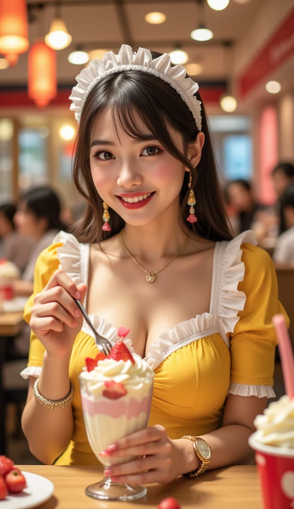 Inside the Starbucks store、24-year-old office lady in a miniskirt suit、Eat cake、Drink coffee、smile、Heart Necklace、Gold bracelet
((Emphasize cleavage))
(((A pink and yellow floral bra is visible.)))
((((Dark eye makeup))))
