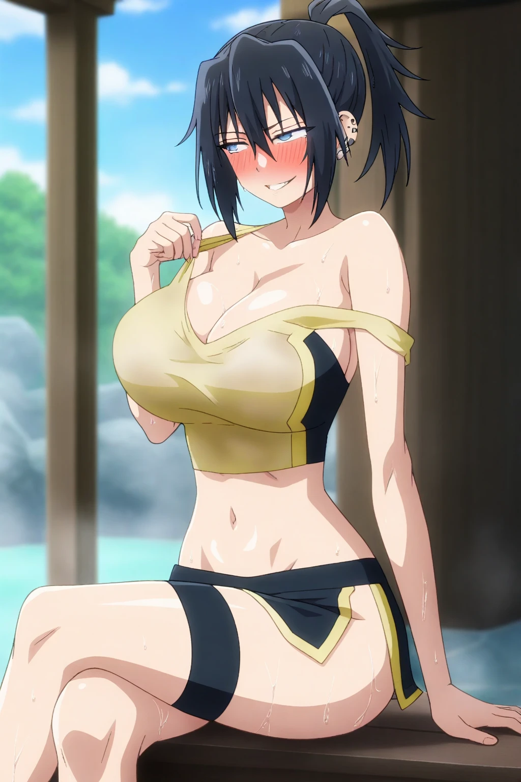 Navel, Gal, Blushing, Invincible Smile, Spooky Smile, Erection, (Brown Skin:1.2), Big Tits, Wet Teka, Photography, Best Quality, Masterpiece: 1.2, (Realistic, Photorealistic: 1.37), Fine lashes,, Areola Look, Panties, Wet Uniform, Schoolgirl, Dark blue pleated skirt, Brown skin, Summer clothes, Wet shirt, Naked