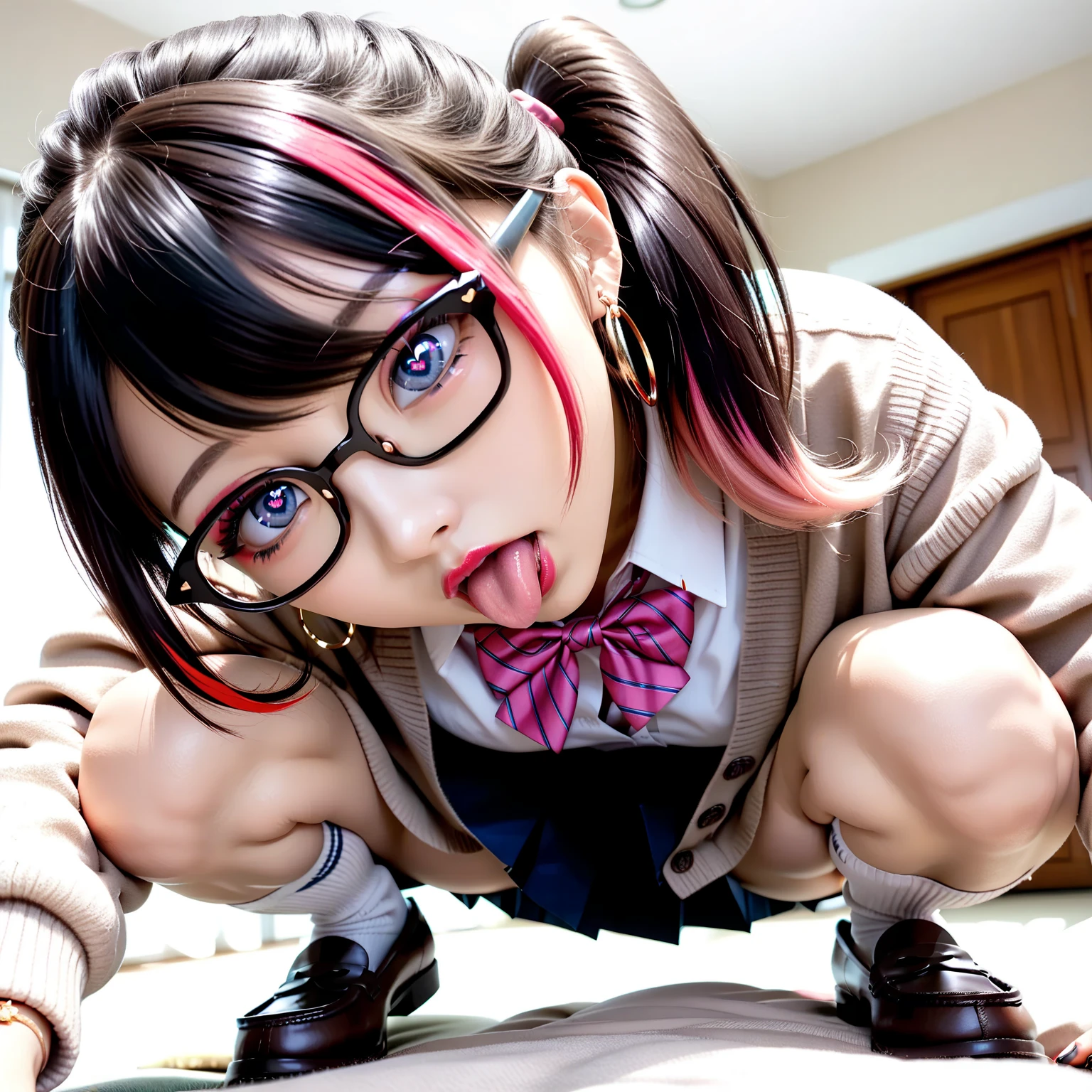 (NSFW, (((debris flies, highest quality, realistic))), (shiny skin), (nffsw, 8k wallpaper, High resolution), perfect anatomy, cinematic lighting, Physically based rendering, Awards, highly detailed skin, highly detailed face, Beautiful eyes in every detail, Carl Zeiss 85mm F/1.4, highest quality、hanekawa tsubasa、Glassesの攻撃、black hair、braided chestless hair, brown eyes, round face), (blush your nose, body shot with half-open eyes]、Glasses、head to toe shot、black hair、tighten your chest...、lifted by a rope、あいNo modification、uncut、20+、Ahegao、Overflowing love juice、No modification、pink nipples、