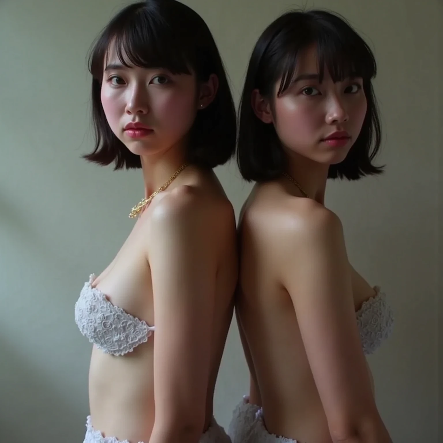 unclear、petite person、(No clothes、Dark pubic hair)、One girl、(Slimed、small tit、flat boobs、small boobs)、Photorealsitic、detaileds, Skin texture, ultra-detailliert、Delicate and sexy collarbone、Troubled look、Super detailed face、detailed lips、A detailed eye、二重まぶた、sexy pose、A 12-year-old girl、Visible vagina、Wearing high heels、skinny thigh、pearls necklace、so short hair、short-hair、tiny chest、open crotch、The vagina is visible、spread legs,squatting、solofocus、photoRealstic、looking at the viewers、