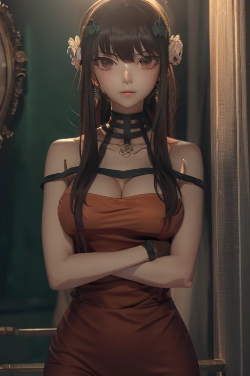 masterpiece:1.2, best quality), realistic, (real picture, intricate details, depth of field), (1girl, solo), make up, parted lips, highly-detailed, perfect face, (skindentation), glossy coral lips, Hu Tao  from genshin impact,high-detailed hands ultra realistic 8k cg, masterpiece, ((ultra detailed background, delicate pattern, intricate detail)),  (((malevolent shrine, red eyes, long hair, chain background))), full body shot, looking at viewer, red eyes, flower-shaped pupils, blush, bangs, breasts, choker, collarbone, solo, nail polish, black nails, ribbon choker, bow, hair between eyes, hair ornament, sidelocks, cleavage, wrist ribbon, very long hair, hat, flower on hat,brown hair, twintails, ((nsfw))