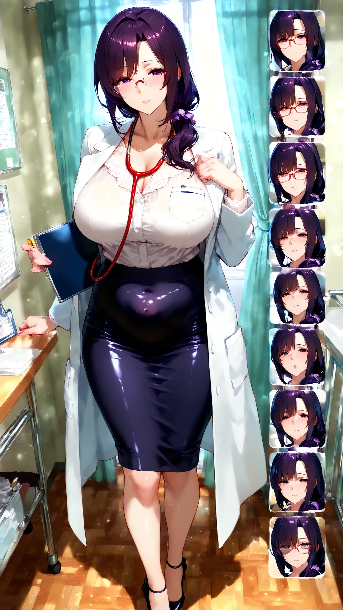 ((Table t○p, highest quality, Hi-Res Lucifer,Anime Screen Capture、Pixel perfect, 4K))、(((Browsing Caution)))、Perfect Anat○my、Chubby、Fat belly、(((Huge breasts、Wide ass、Thick thighs)))、Sweat, (((White open dress shirt、Light blue panties))),(Red Eyes)、((Short Hair、Glasses))、((Black Hair)), ((((blush、Embarrassing、Spreading her legs))))、(Office Room)、