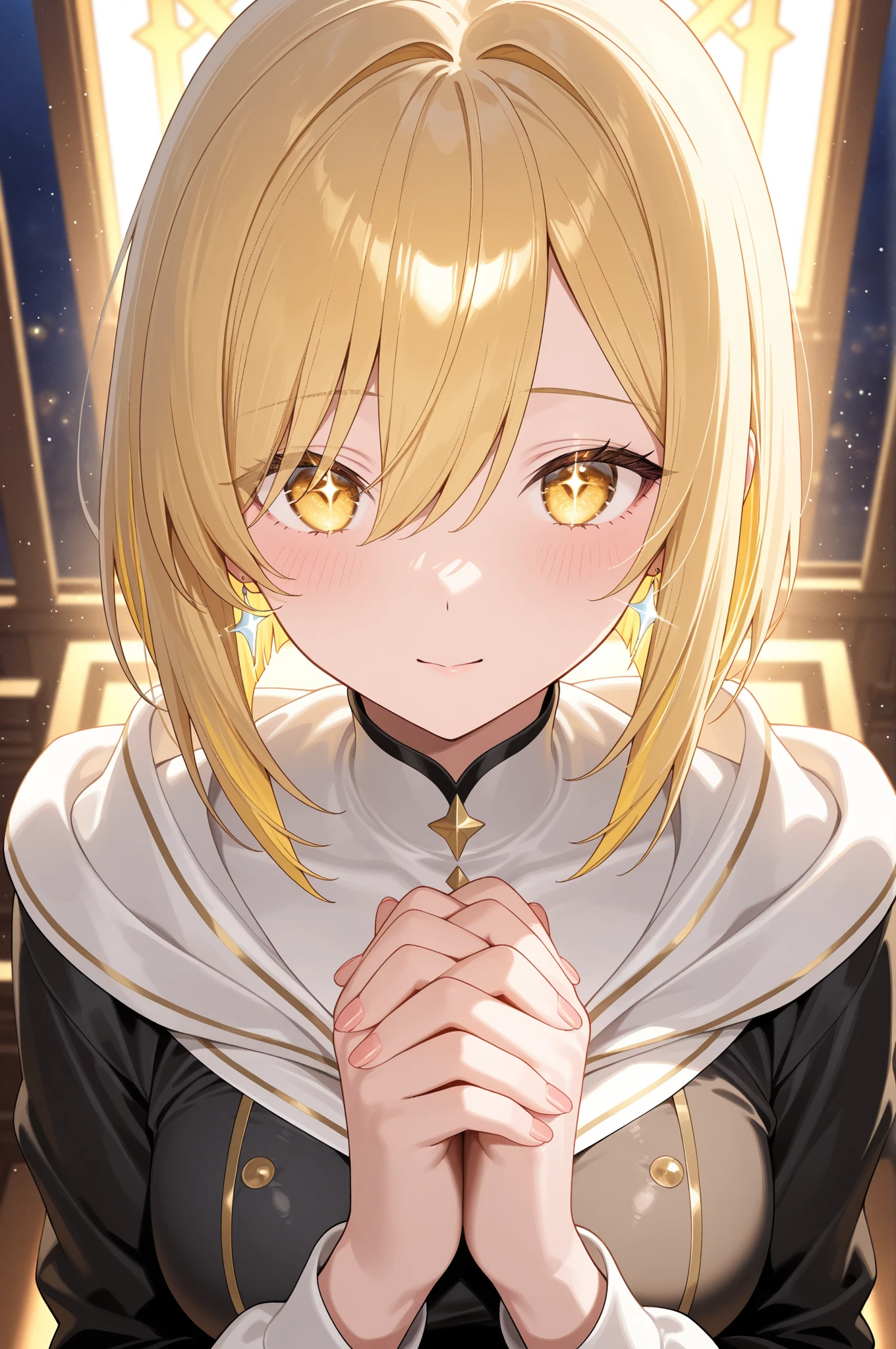 Mature woman, mature face, gentle face, glossy lips, golden eye color, golden eyes, gentle eyes, (braid hairstyle, bob hair, white hair, yellow gradient hair color, glossy hair), slender body, medium breast, thick thighs, saintess clothes, church, praying pose, view from above, front view