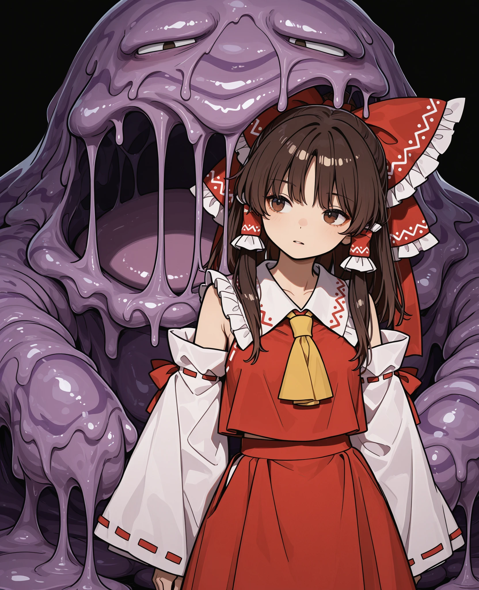 masterpiece, (((goblinriding, a goblin is riding a girl))), goblin, multiple goblins, goblin gangbang, goblins, (((all fours))), 1girl, (kimono:1.1), (nose hook), reins, collar, chain, rope, obey, (((happy trance, smile, proud face, happy face))), hair ornaments, large breast, expressionless, emotionless, blank eyes, empty eyes, mind control, cave background, MIYO, hair ornament, mole, mole under eye, black hair, long hair, purple eyes, hair over shoulder, (((torn clothes))), _VERY LONG BLACK HAIR WITH PURPLE REFLECTIONS_SQUARE BANGS_PALE PINK EYES_, MIYOSAIMORI, BANGS, BRAID, FLOWER, HAIR FLOWER, battle, crowd, blood splatter, fleeing, grabbing, running, foreshortening, attack, fighting, monster, glowing eyes, horror, (((eating shit, eating poop, eating dogfood))), TOP-DOWN BOTTOM-UP